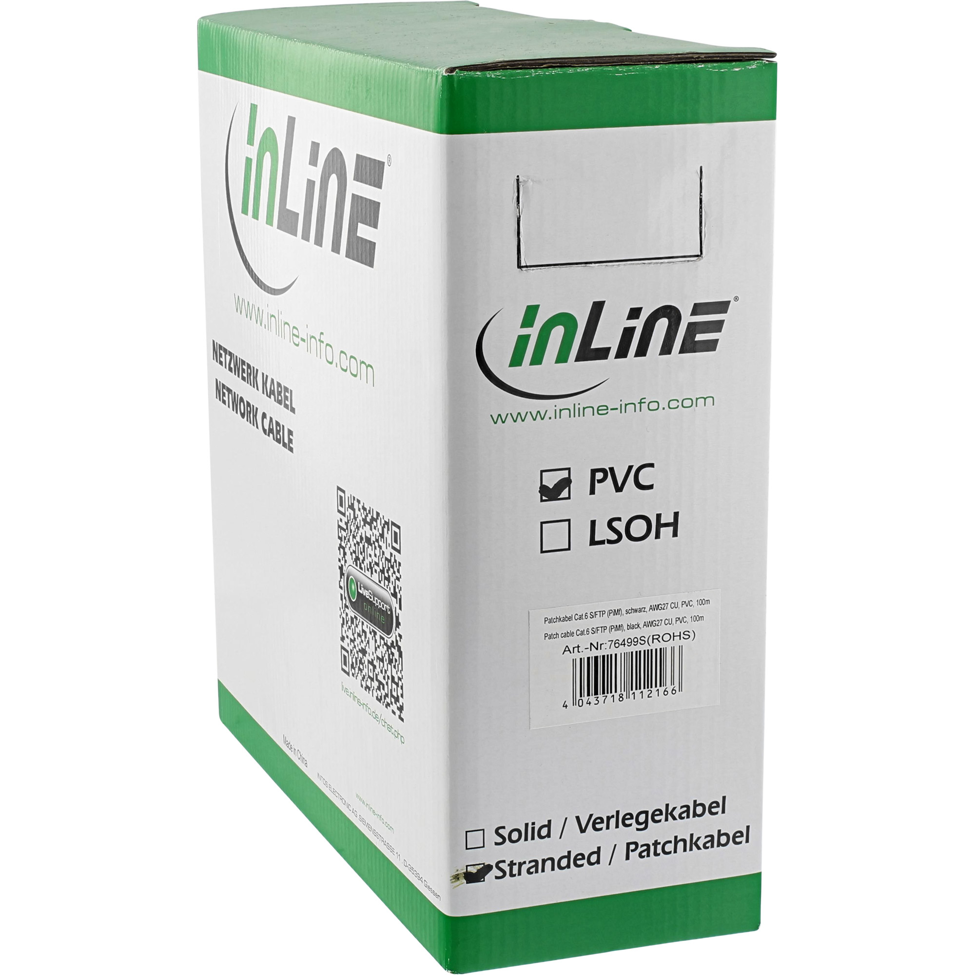 Scatola di cartone bianca e verde con testo stampato e il marchio 'inLine'.