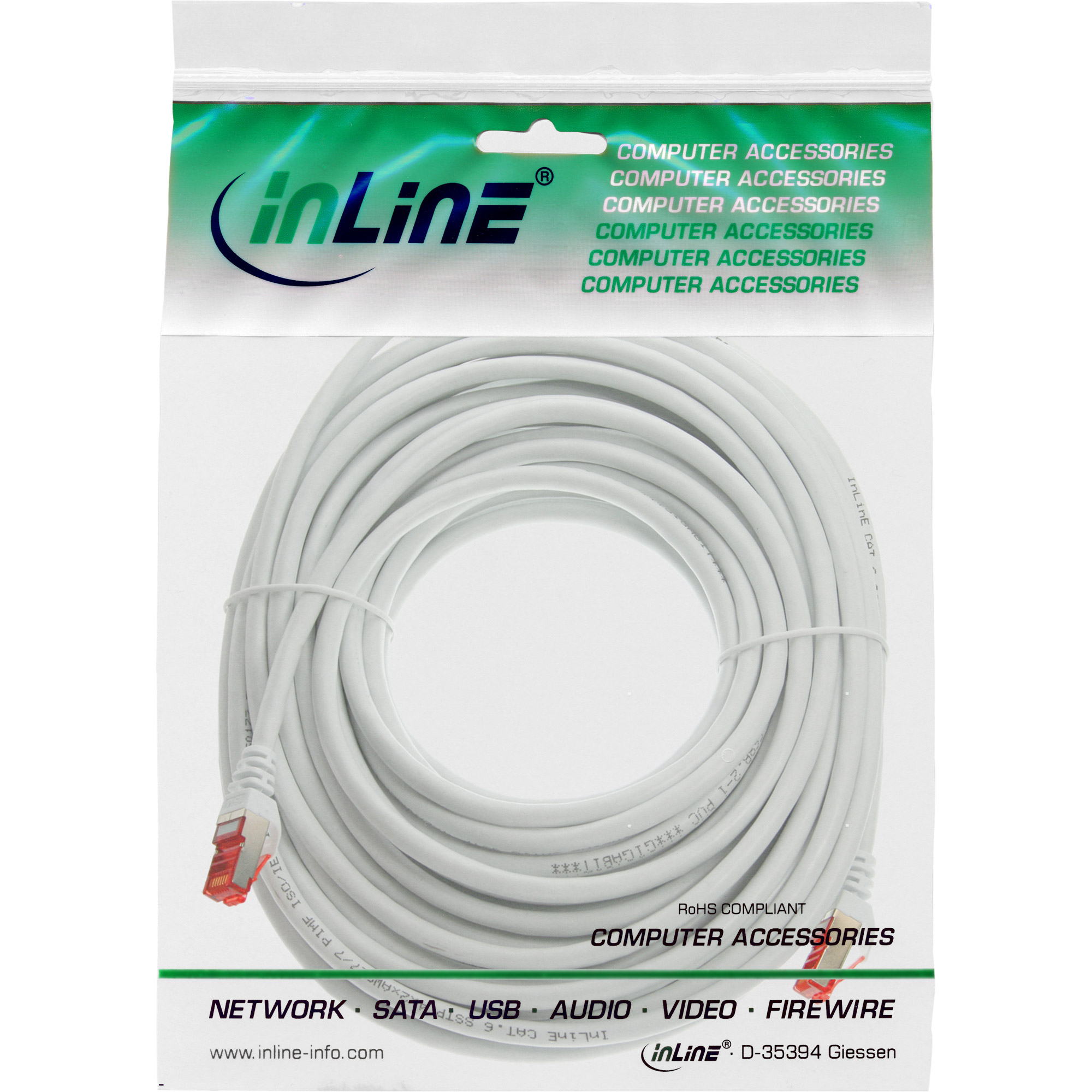 Cavo di rete bianco arrotolato in un sacchetto di plastica, marchio 'inLine'.