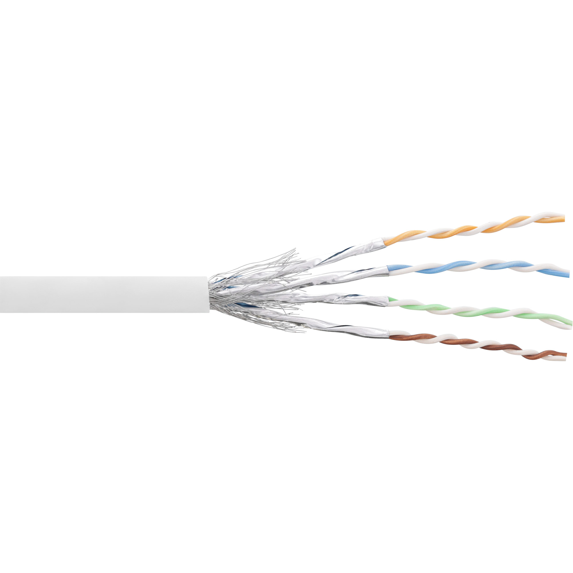 Witte kabel met blootliggende gekleurde draden en een zilveren afscherming.