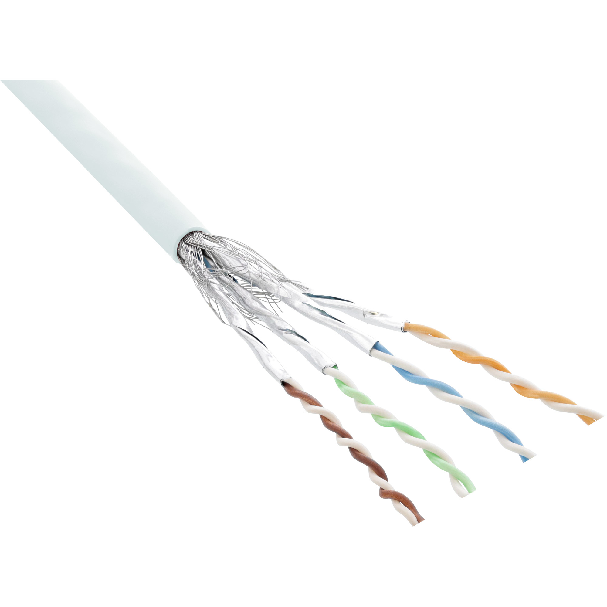 Witte kabel met blootliggende getwiste paren gekleurde draden. Sommige draden zijn getwist.