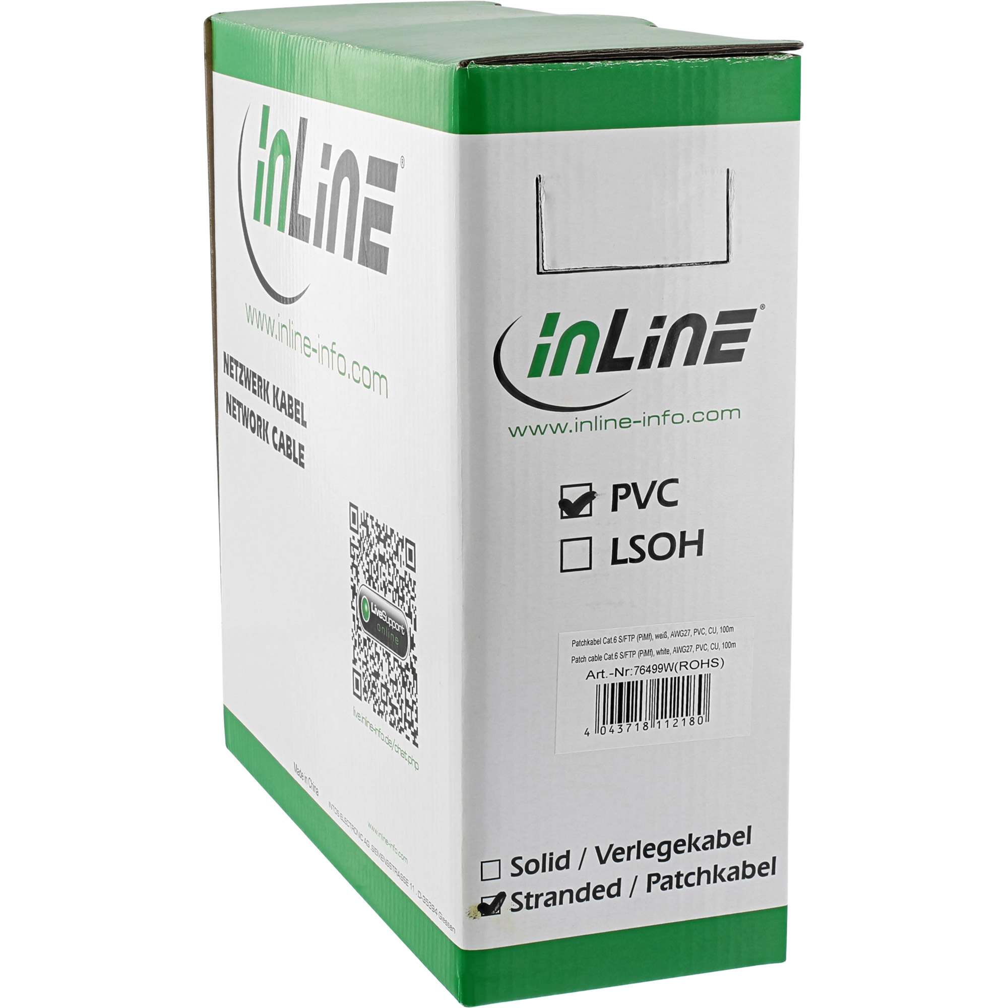 Een witte en groene kartonnen doos met tekst en een QR-code. Er staat 'inLine' en 'Netzwerk Kabel'.