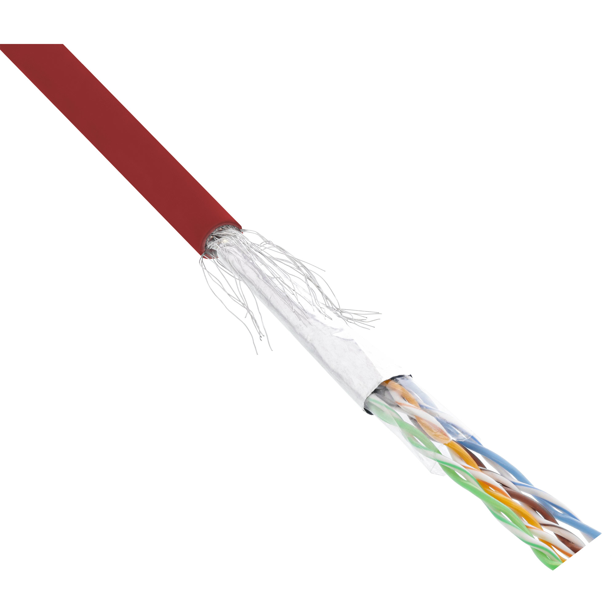 Un cavo rosso con doppini intrecciati esposti di fili colorati. I fili sono verdi, blu, arancioni e gialli.