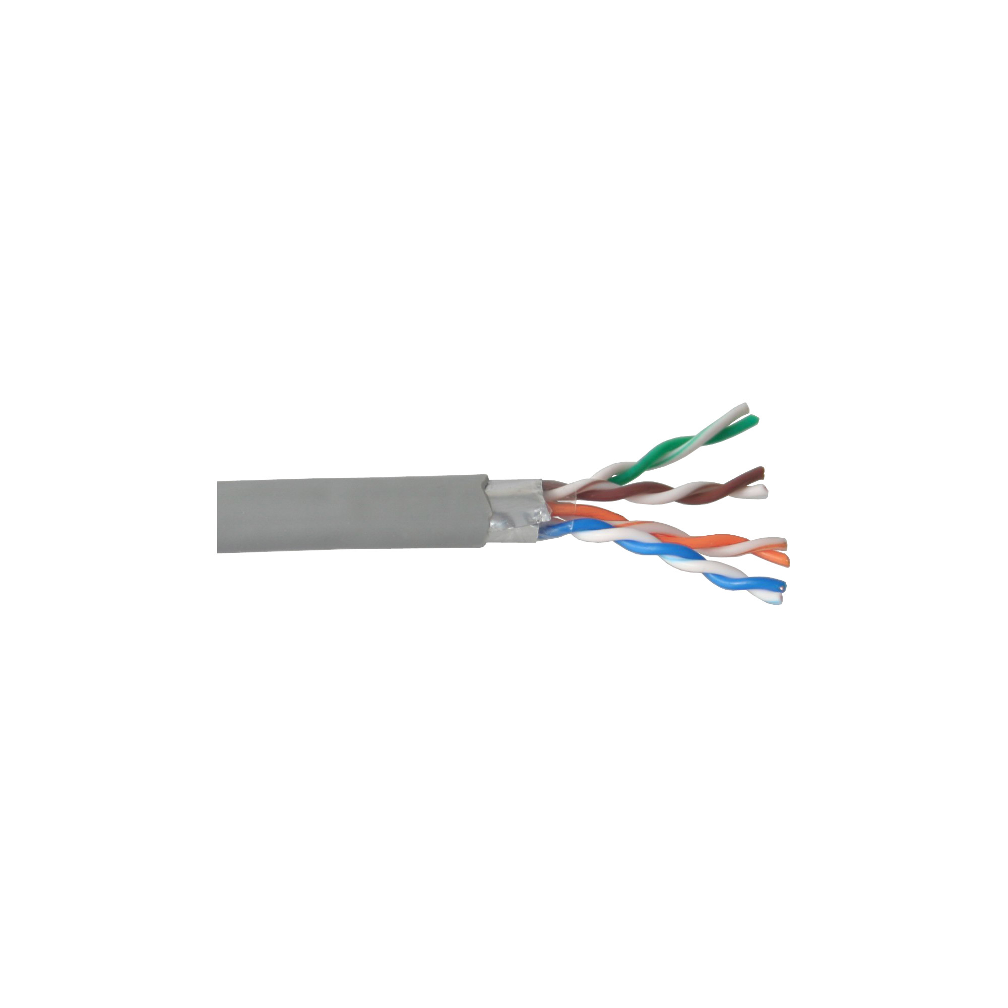 Ein graues Kabel mit freiliegenden, verdrillten Adernpaaren. Die Adern sind weiß, braun, grün, blau und orange.