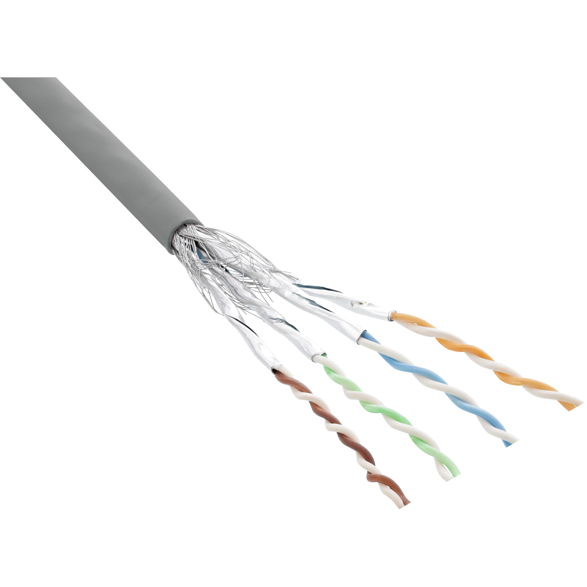 Un cavo grigio con doppini intrecciati esposti di fili colorati. I fili sono bianchi, marroni, verdi, blu e arancioni.