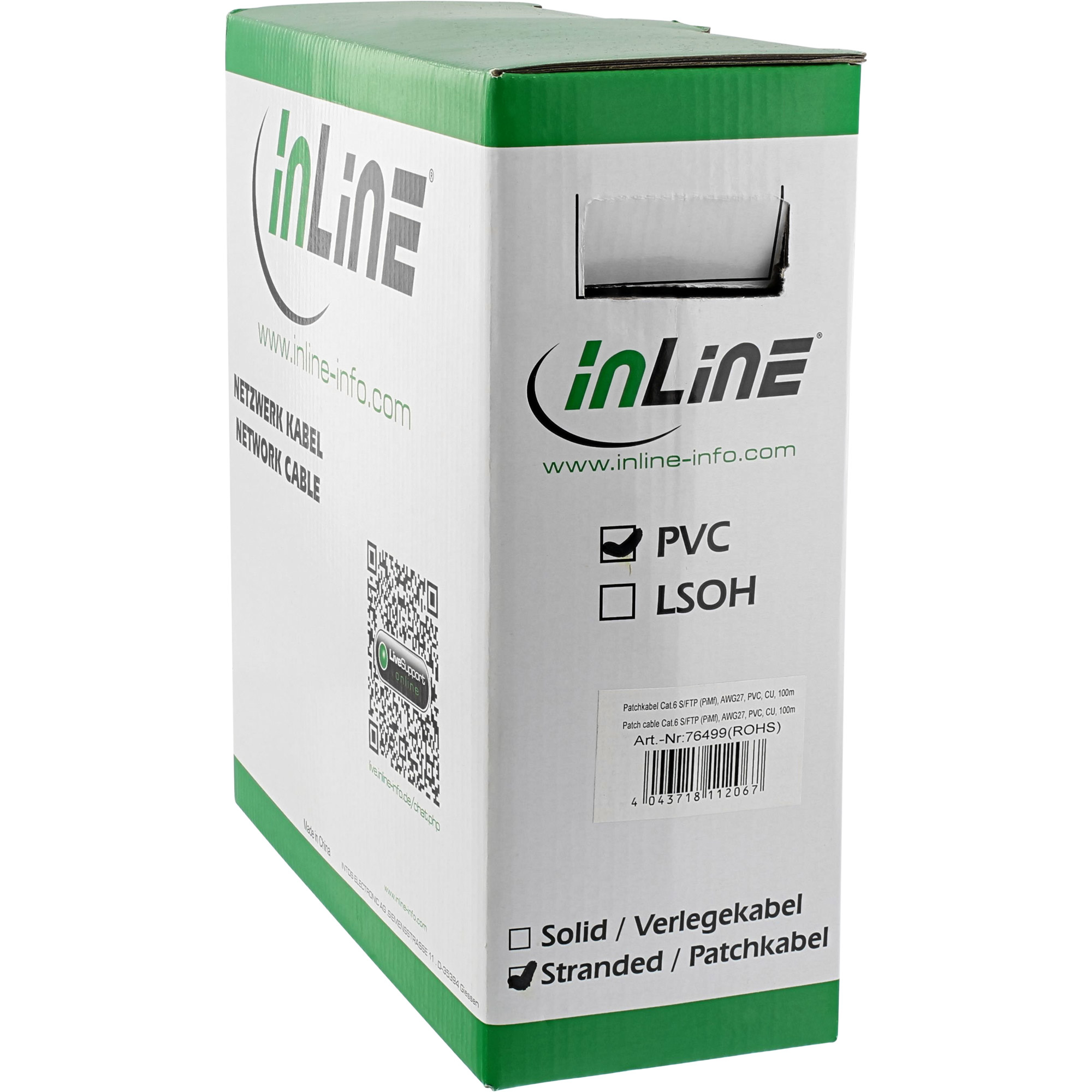 Una scatola bianca e verde con testo e un codice QR.  Si legge 'inLine' e 'Netzwerk Kabel'.