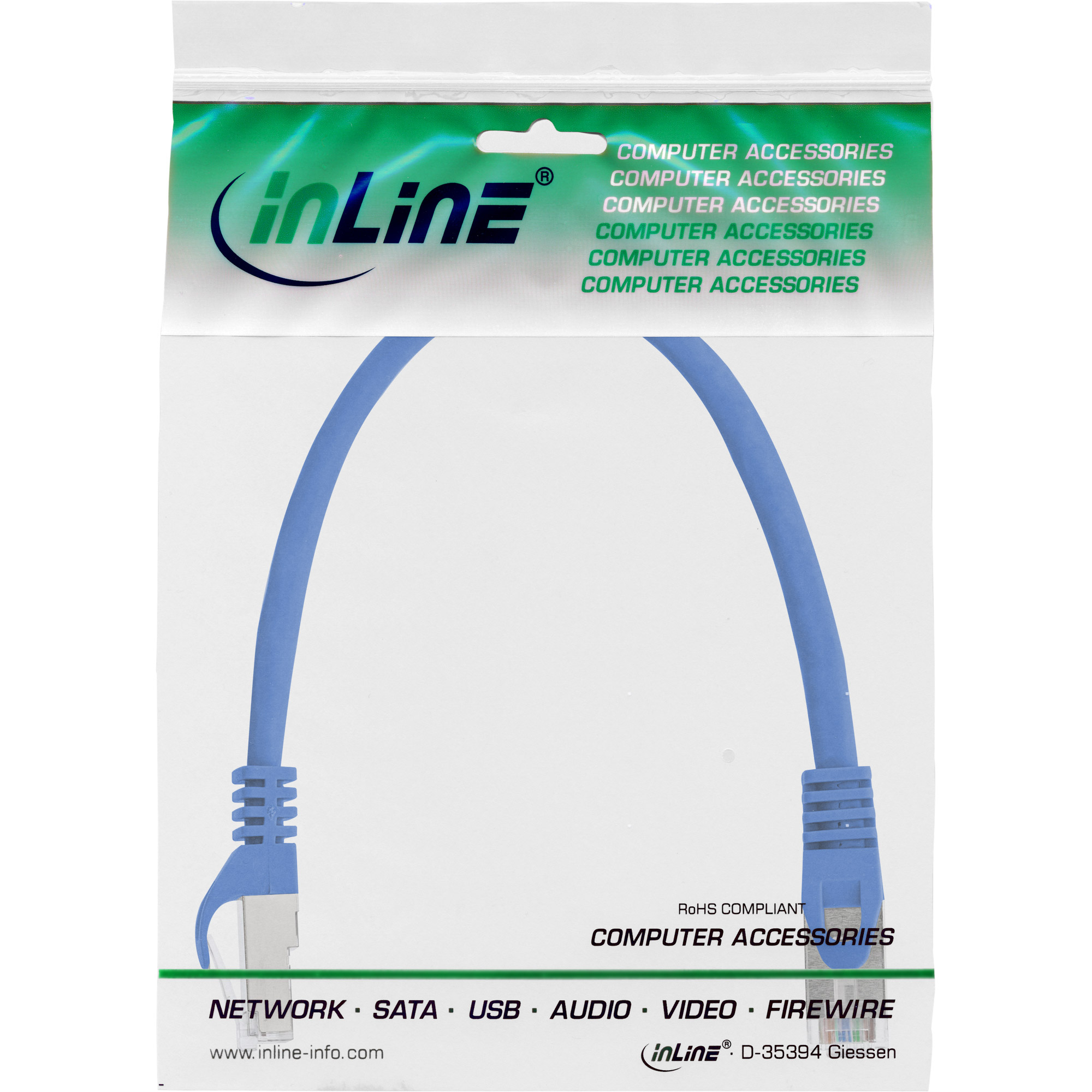 Cavo di rete blu in una busta di plastica con la scritta 'COMPUTER ACCESSORIES' e il logo 'inLine'.