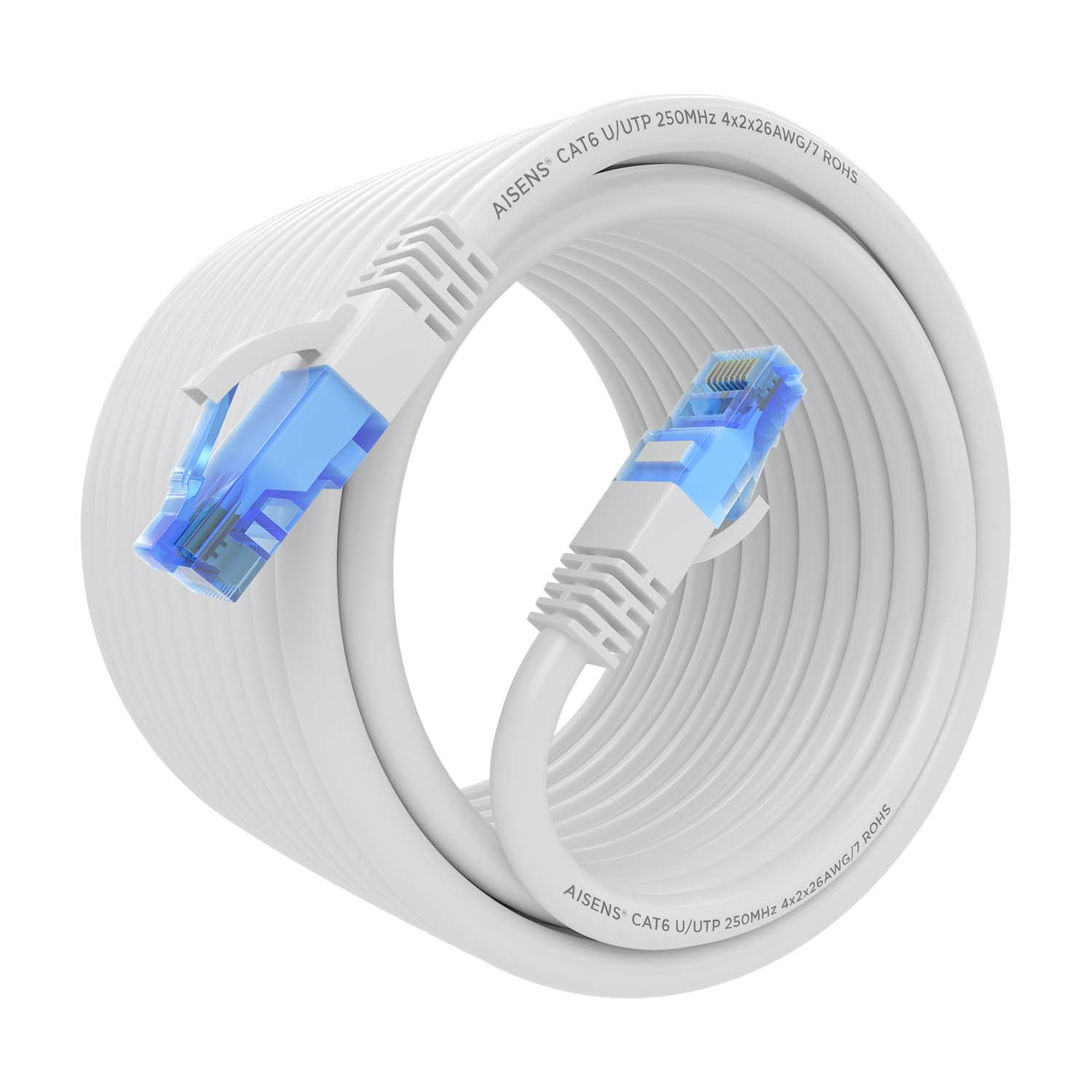 Due cavi di rete bianchi con connettori blu. Sfondo bianco.