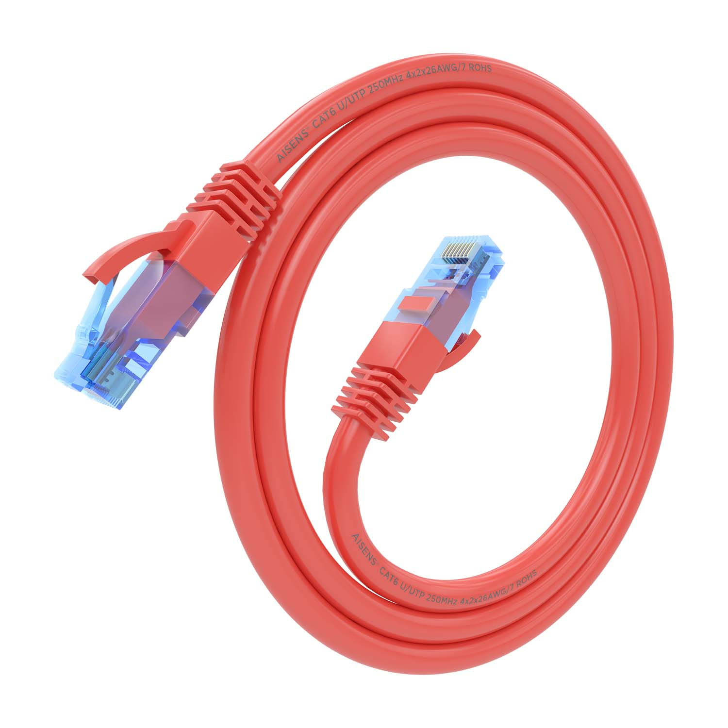 Cavo di rete rosso arrotolato con connettori blu su entrambe le estremità. Sfondo bianco.