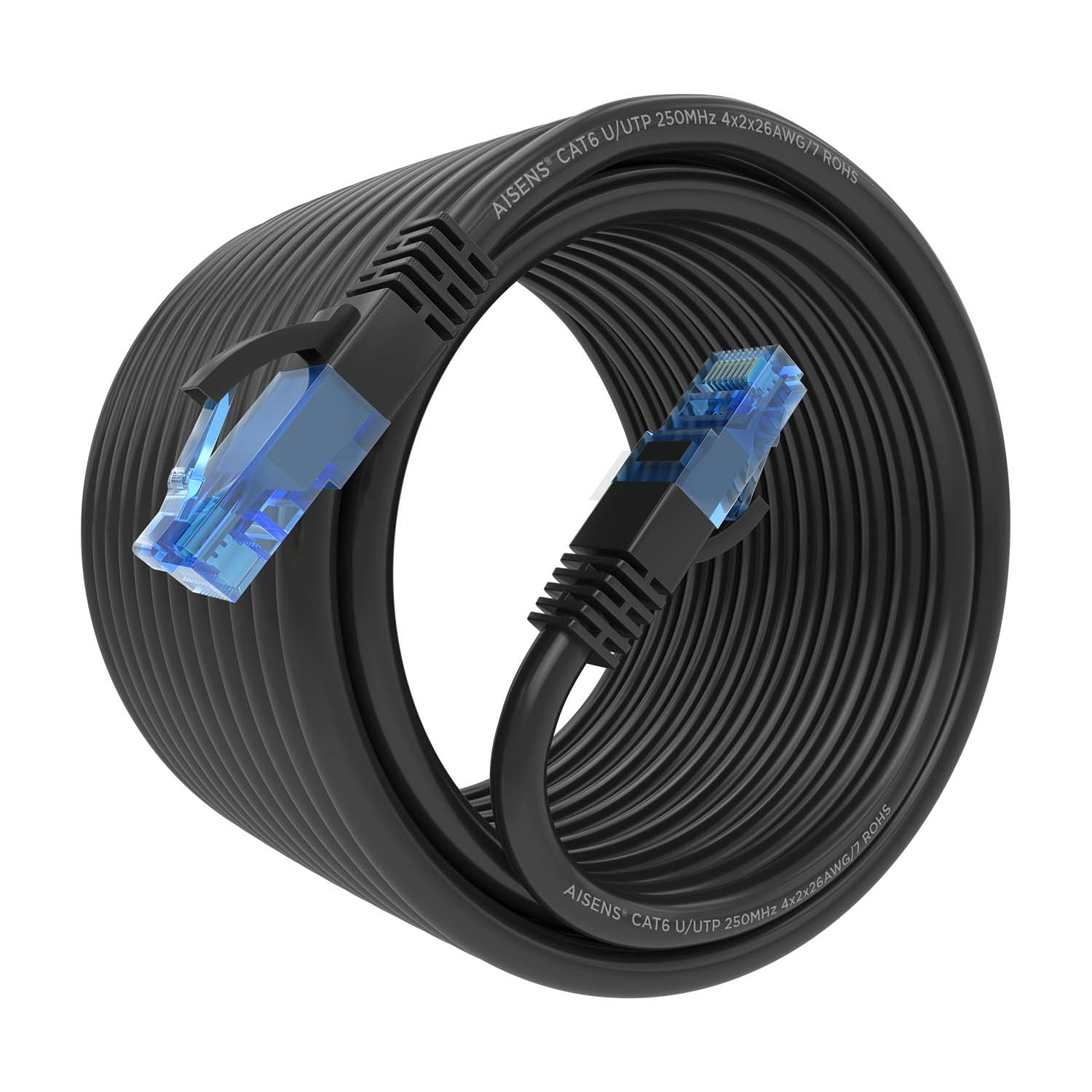 Cavo di rete nero arrotolato con connettori blu su entrambe le estremità. Sfondo bianco.
