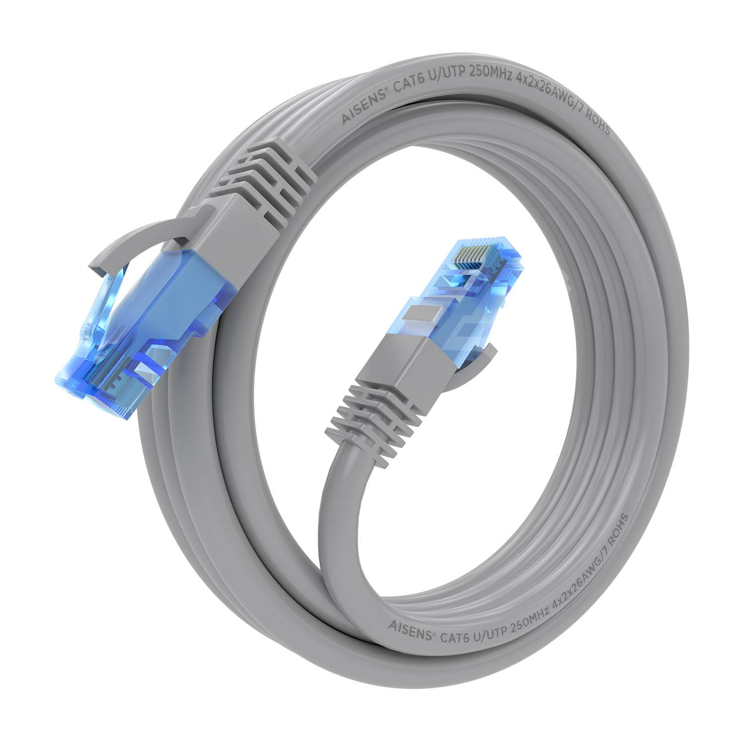 Un cavo di rete grigio con connettori blu. Il cavo è arrotolato.