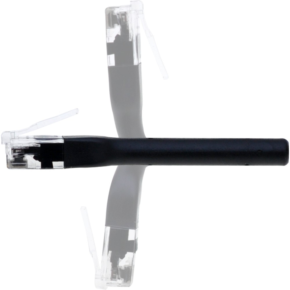 Connettore Ethernet RJ45, cavo nero, involucro trasparente.
