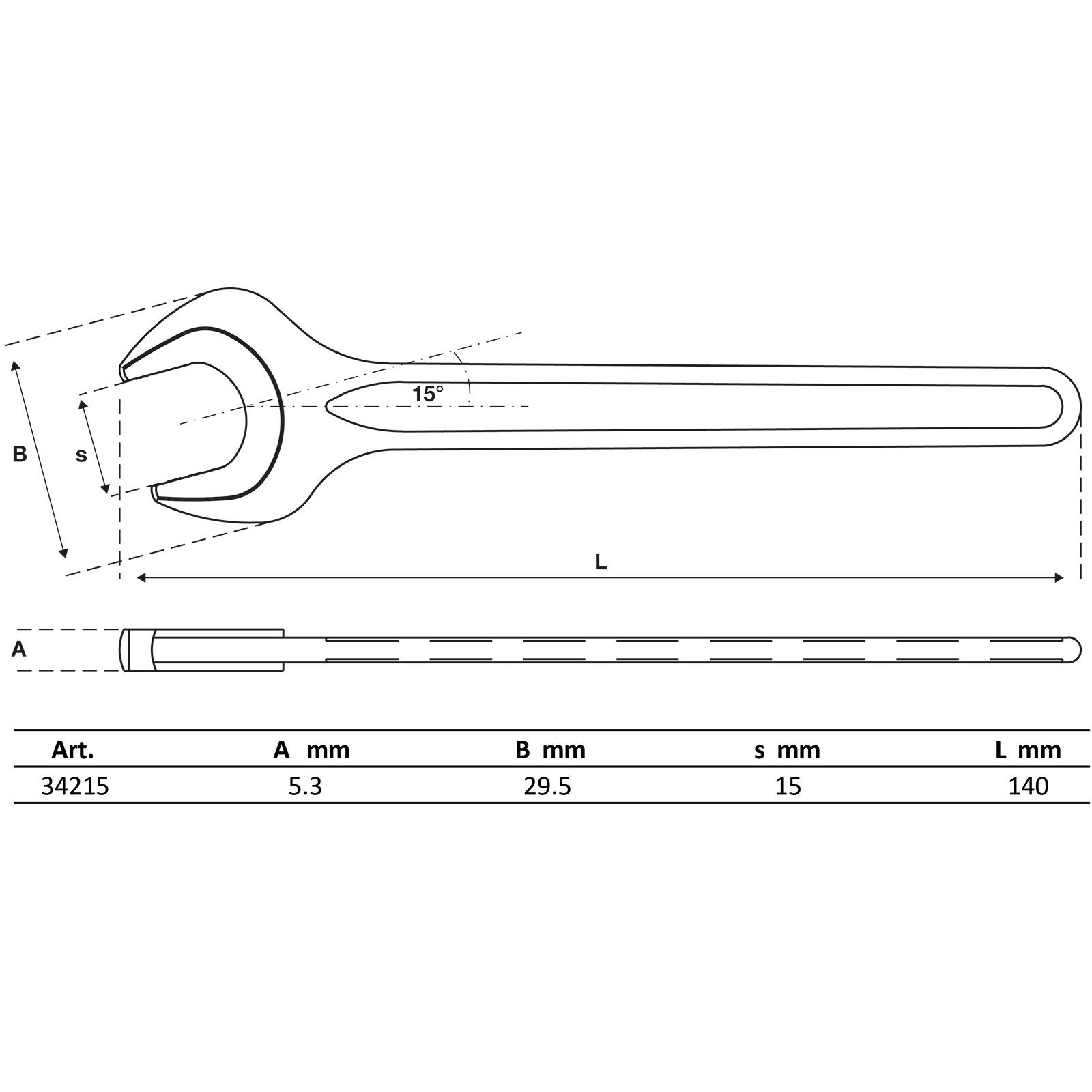 Disegno tecnico di una chiave inglese con dimensioni etichettate. La chiave è a forcella, misure in mm.