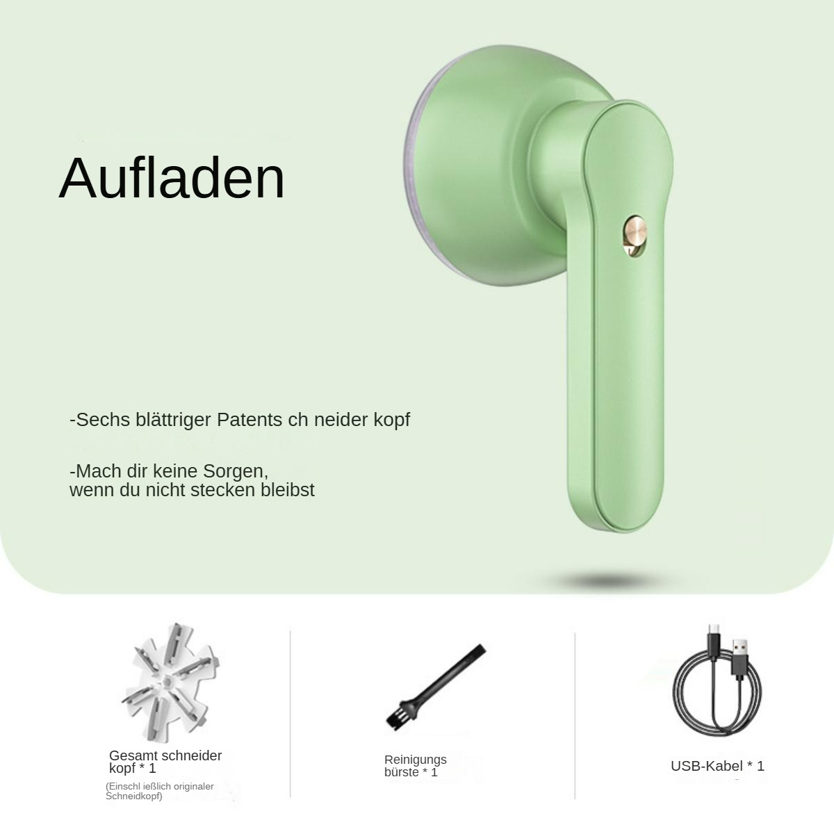 Ein grüner Elektrorasierer mit Aufsätzen. Text auf Deutsch: Aufaden, Sechs blättriger Patentschneiderkopf, und mehr.