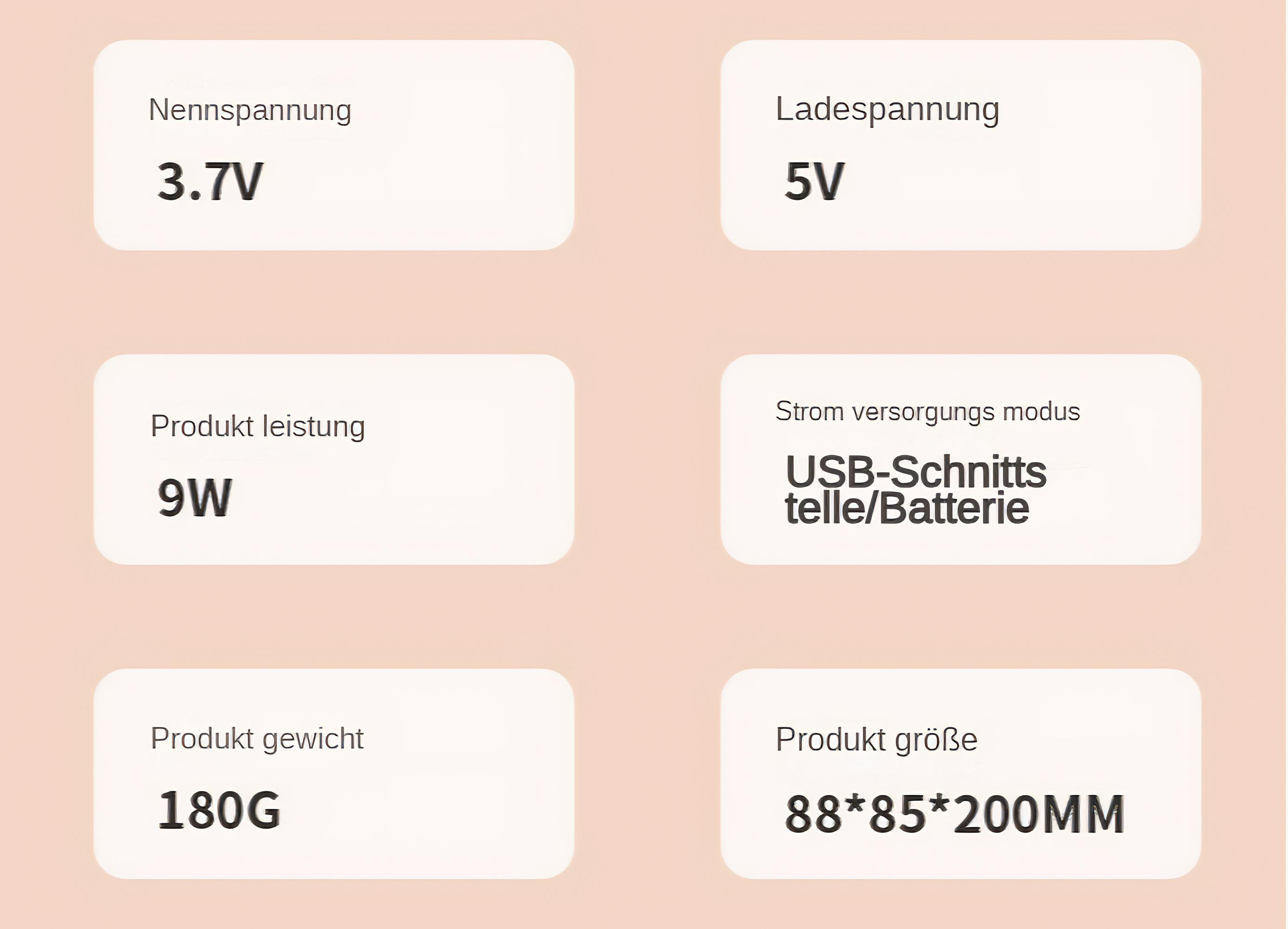 Nahaufnahme eines Produktinformationsblattes mit Spezifikationen wie Spannung, Leistung und Größe. Der Hintergrund ist rosa.