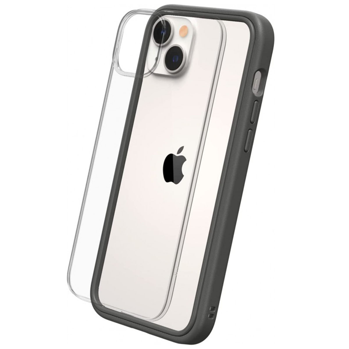 Custodia trasparente con paraurti grigio scuro. All'interno c'è un iPhone.