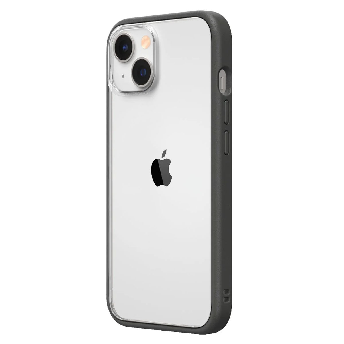 Una custodia trasparente su un iPhone 13, con il logo Apple visibile. La custodia ha un bordo nero.