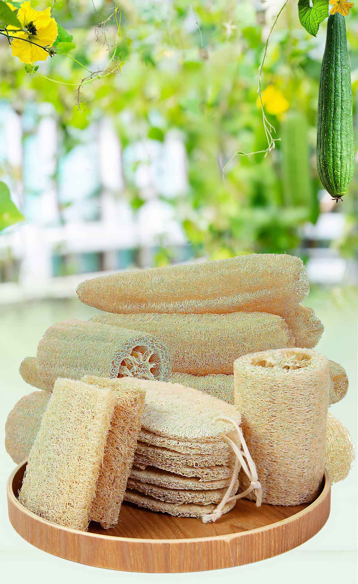 Luffa-Schwämme auf einem Holztablett, mit grünem Hintergrund aus Pflanzen.