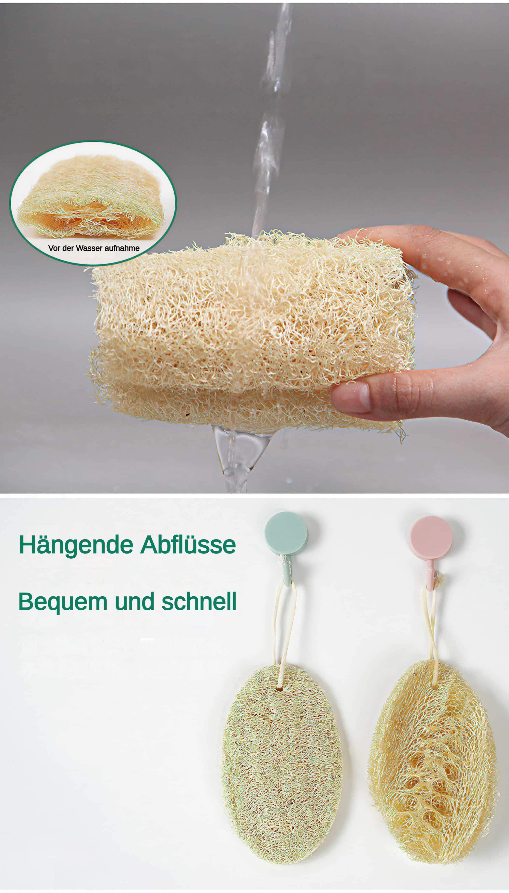 Eine Person hält einen Naturschwamm unter fließendem Wasser, darunter hängende Schwämme.