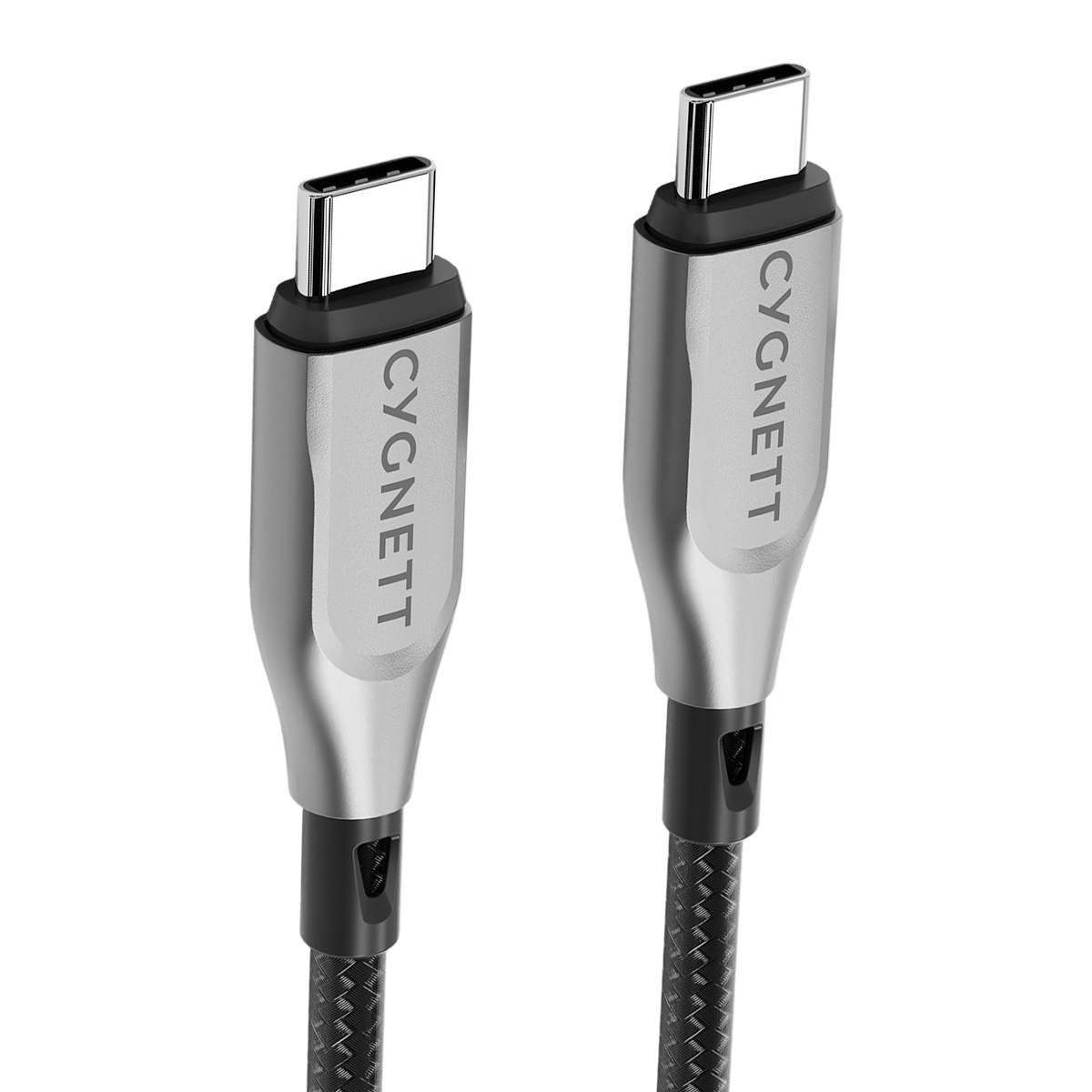 Due cavi USB-C grigi con il marchio CYGNETT stampato sui connettori.
