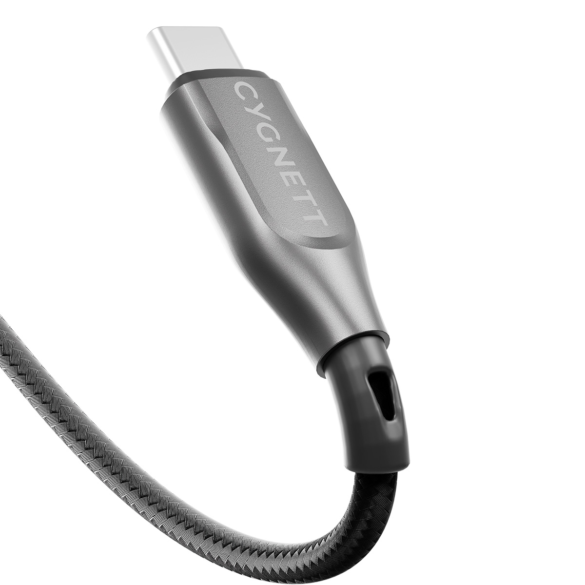 Un cavo USB-C grigio con il marchio CYGNETT stampato sul connettore.