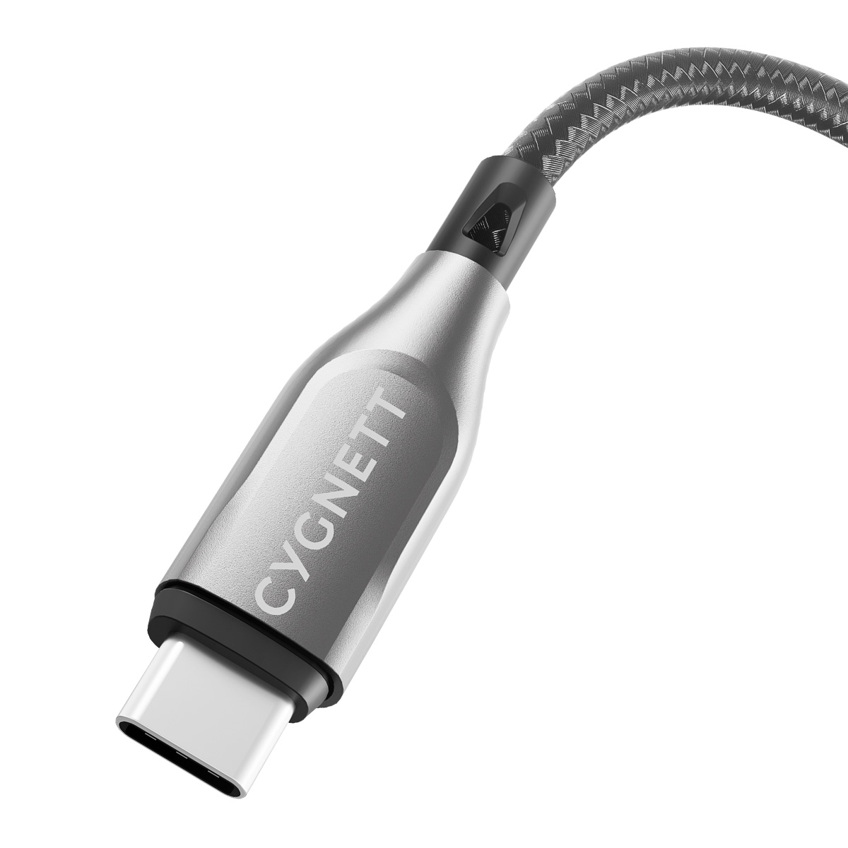 Un cavo USB-C argentato con il marchio CYGNETT. Il cavo è su uno sfondo bianco.