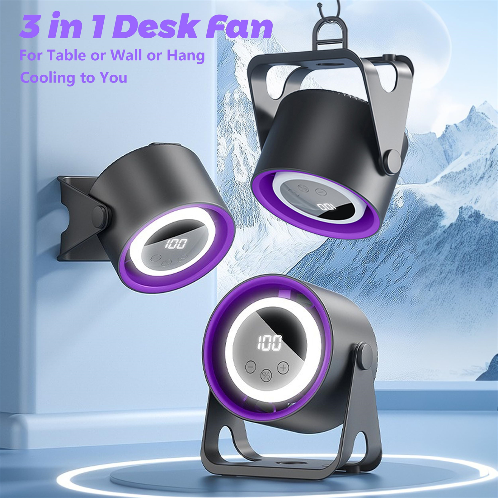 Drei schwarze Ventilatoren mit lila Licht, einer an der Wand, einer hängend und einer auf einem Ständer.