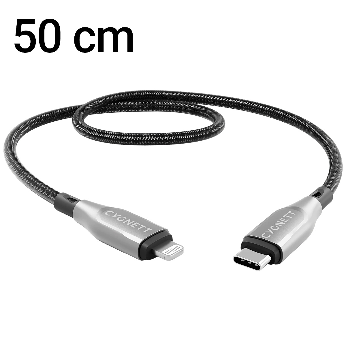 Un cavo USB nero e grigio con connettore Lightning e connettore USB-C.