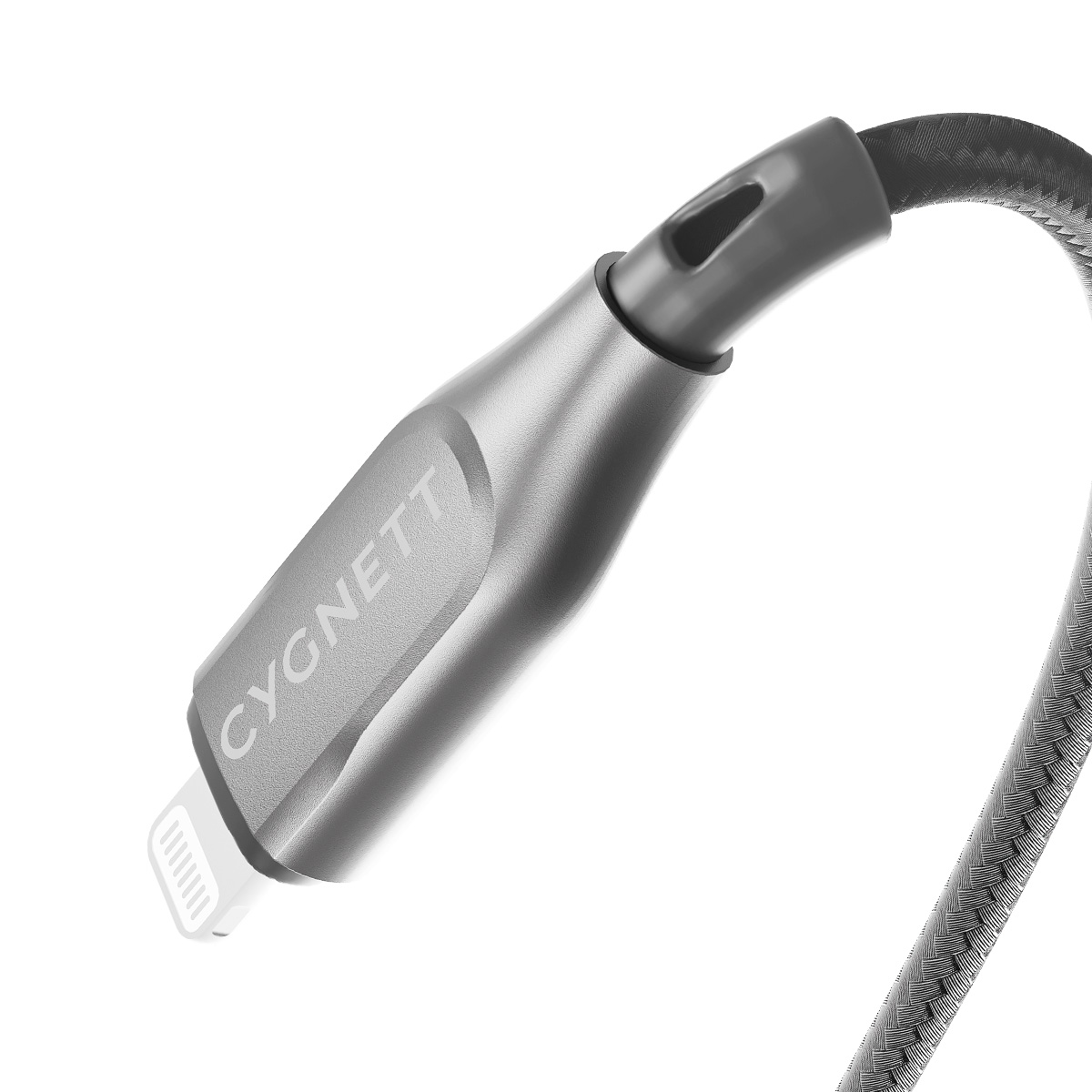 CYGNETT Lightning-Kabelanschluss, silberfarben mit Markenname, an einem schwarzen Kabel.