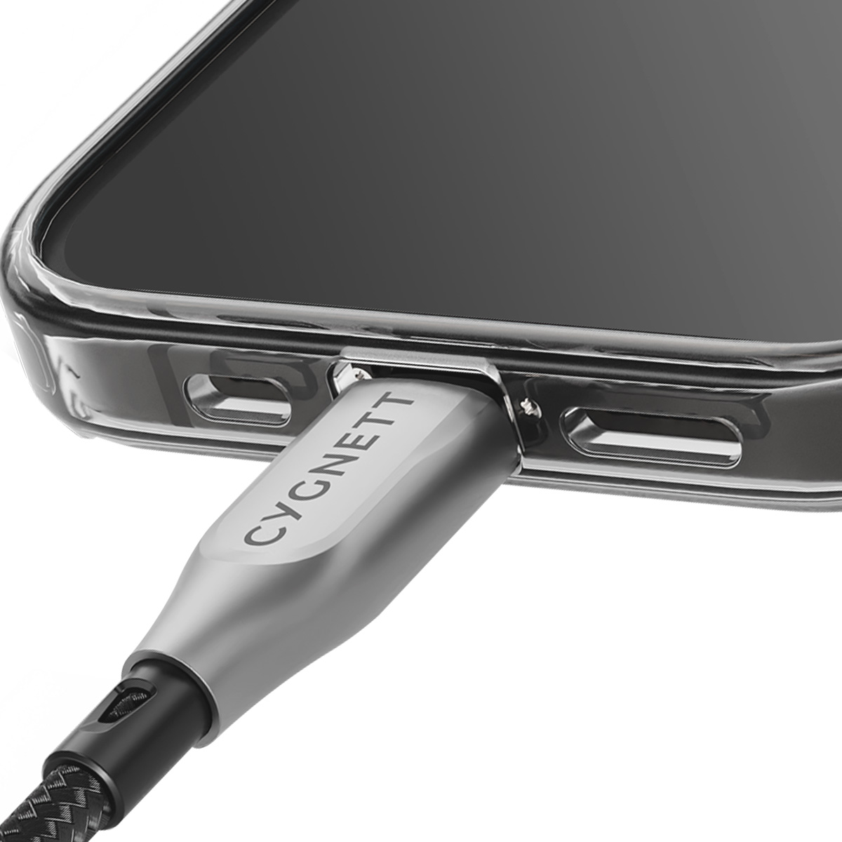 Un telefono in carica con un cavo CYGNETT. Connettore argentato inserito nel telefono.