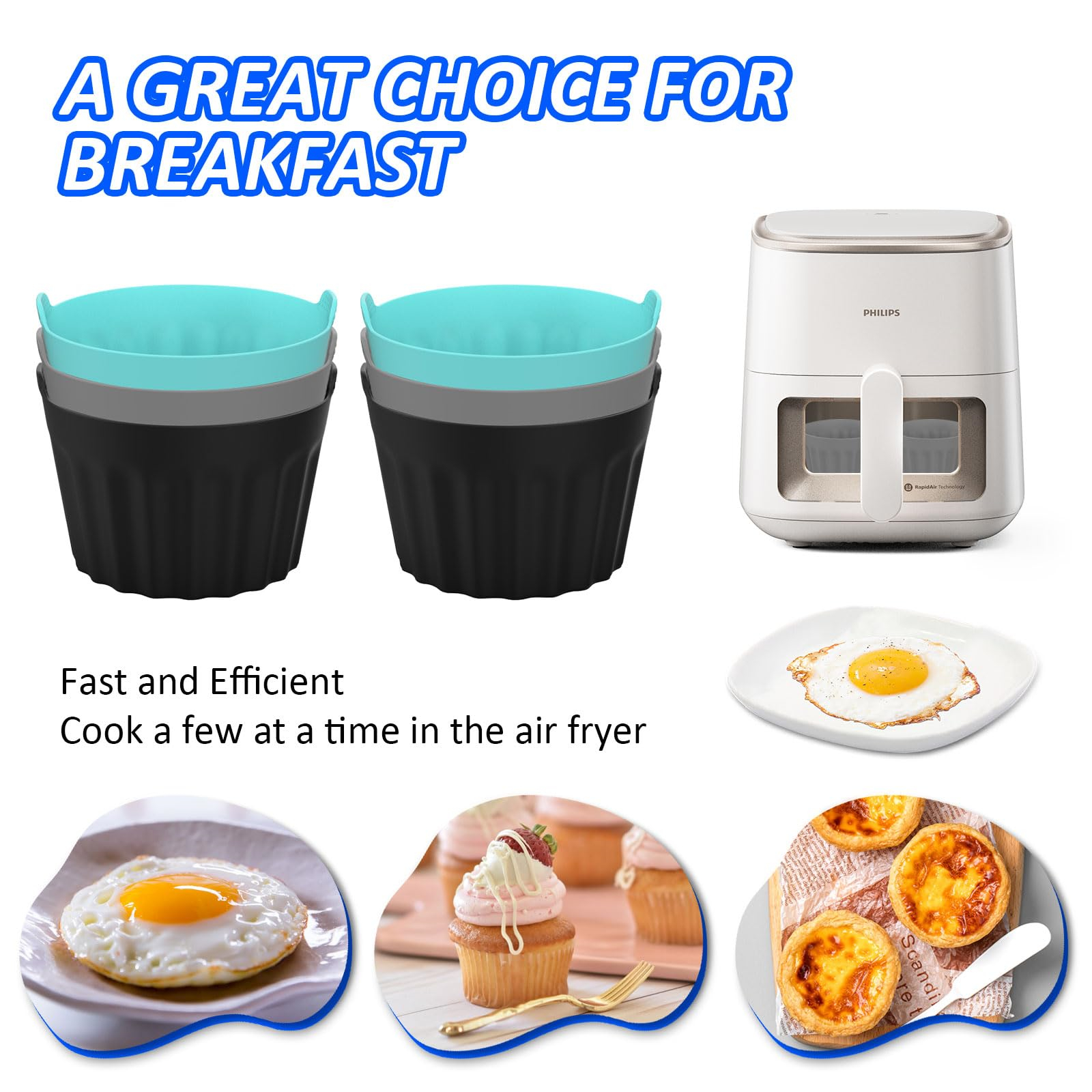 Frühstücksessen. Luftfritteuse, blaue und schwarze Silikonformen und Spiegeleier sind abgebildet.