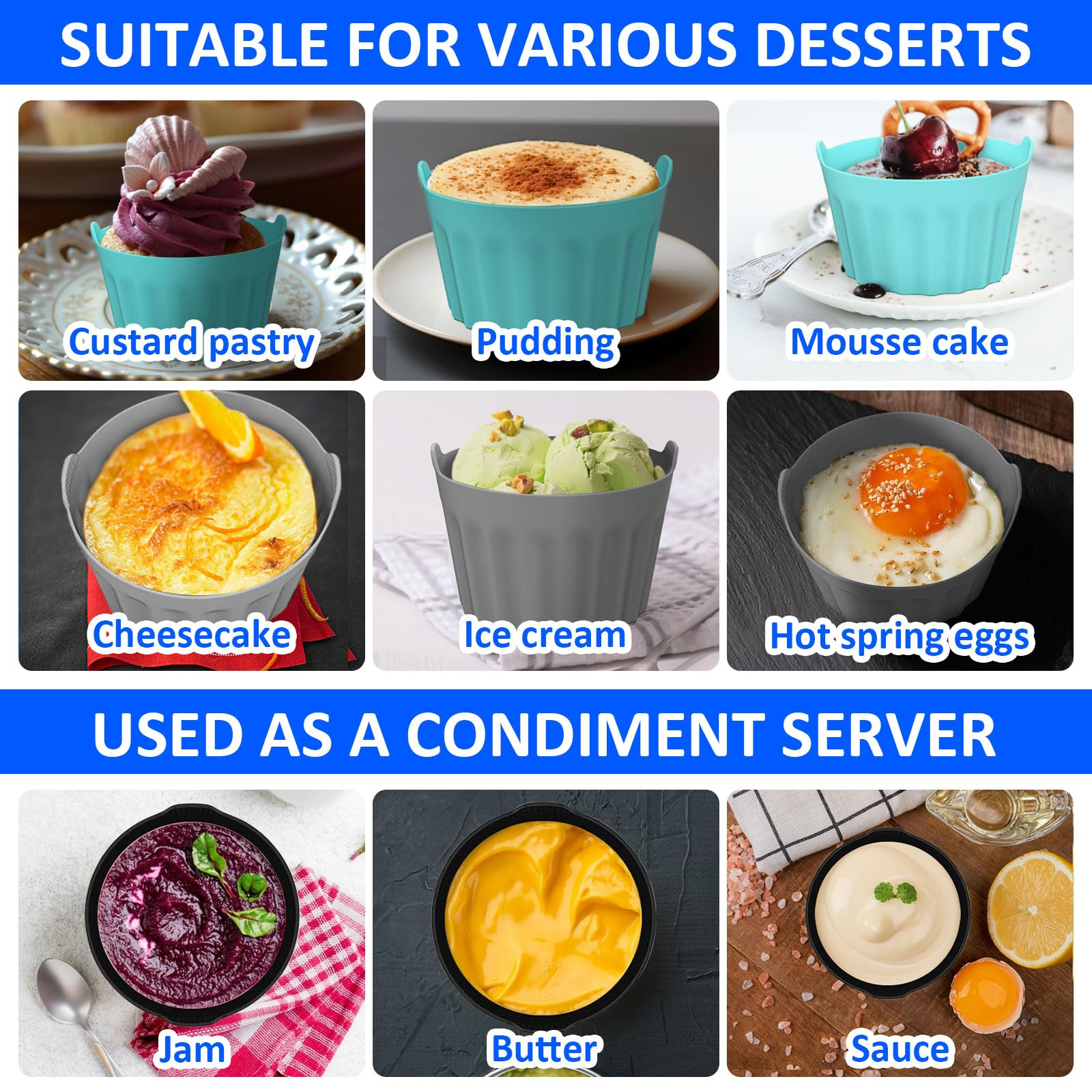 Verschiedene Desserts und Gewürze werden in Silikonformen gezeigt. Zu den Desserts gehören Käsekuchen, Eis und Marmelade.