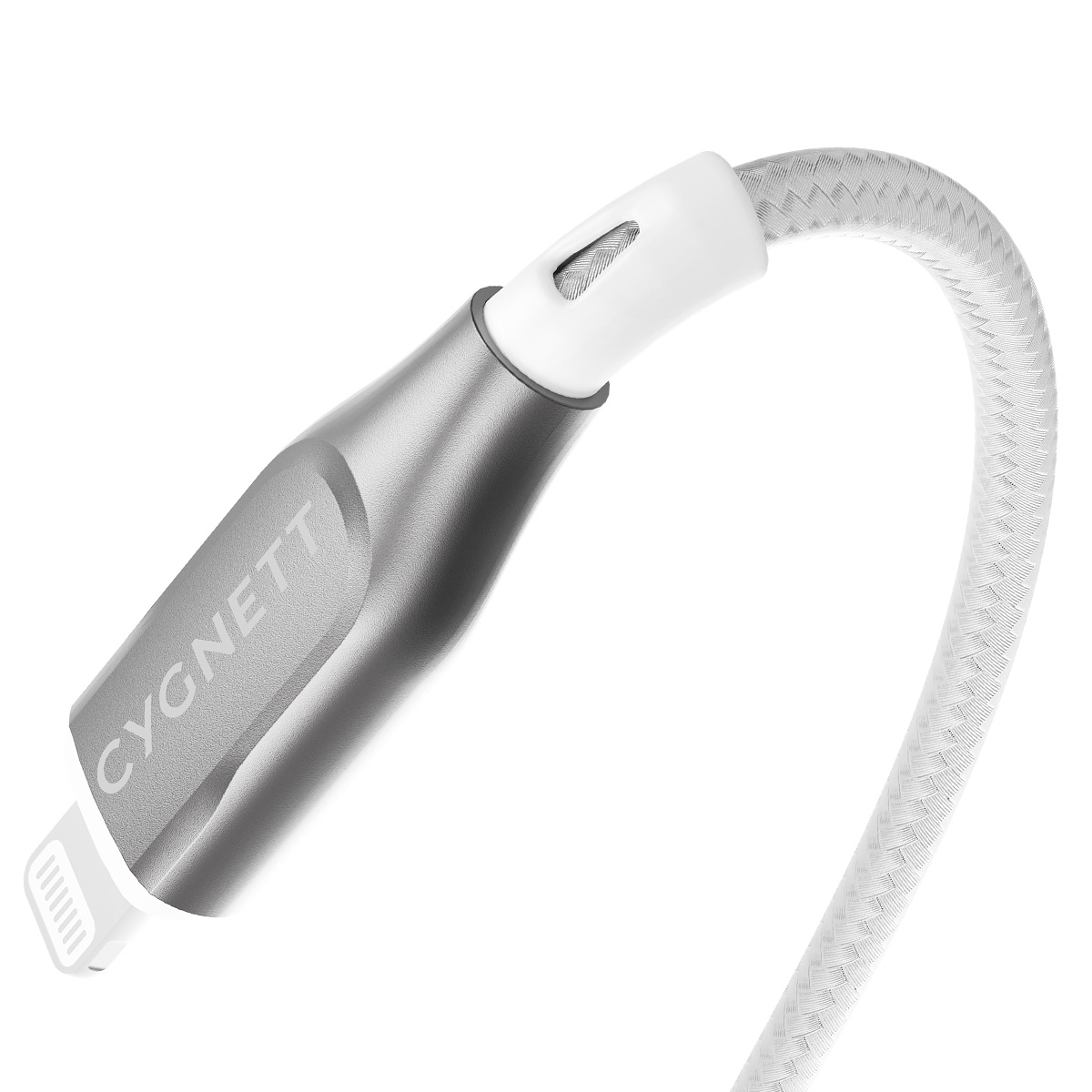 Silbernes und weißes CYGNETT Ladekabel. Das Kabel ist gebogen und hat ein weiß geflochtenes Äußeres.