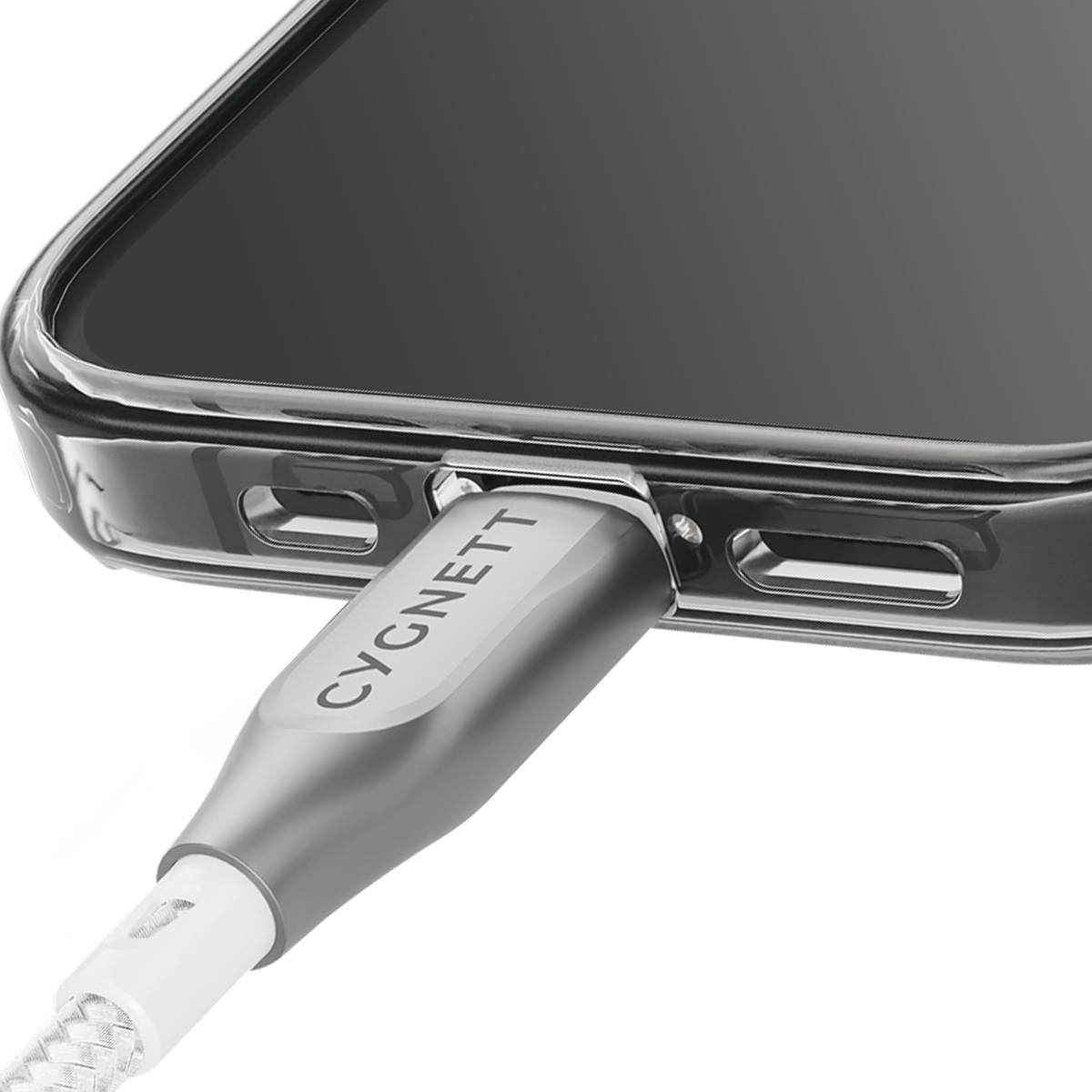 Ein silbernes CYGNETT-Kabel ist in ein schwarzes Telefon mit durchsichtiger Hülle eingesteckt. Das Telefon ist teilweise vor weißem Hintergrund sichtbar.