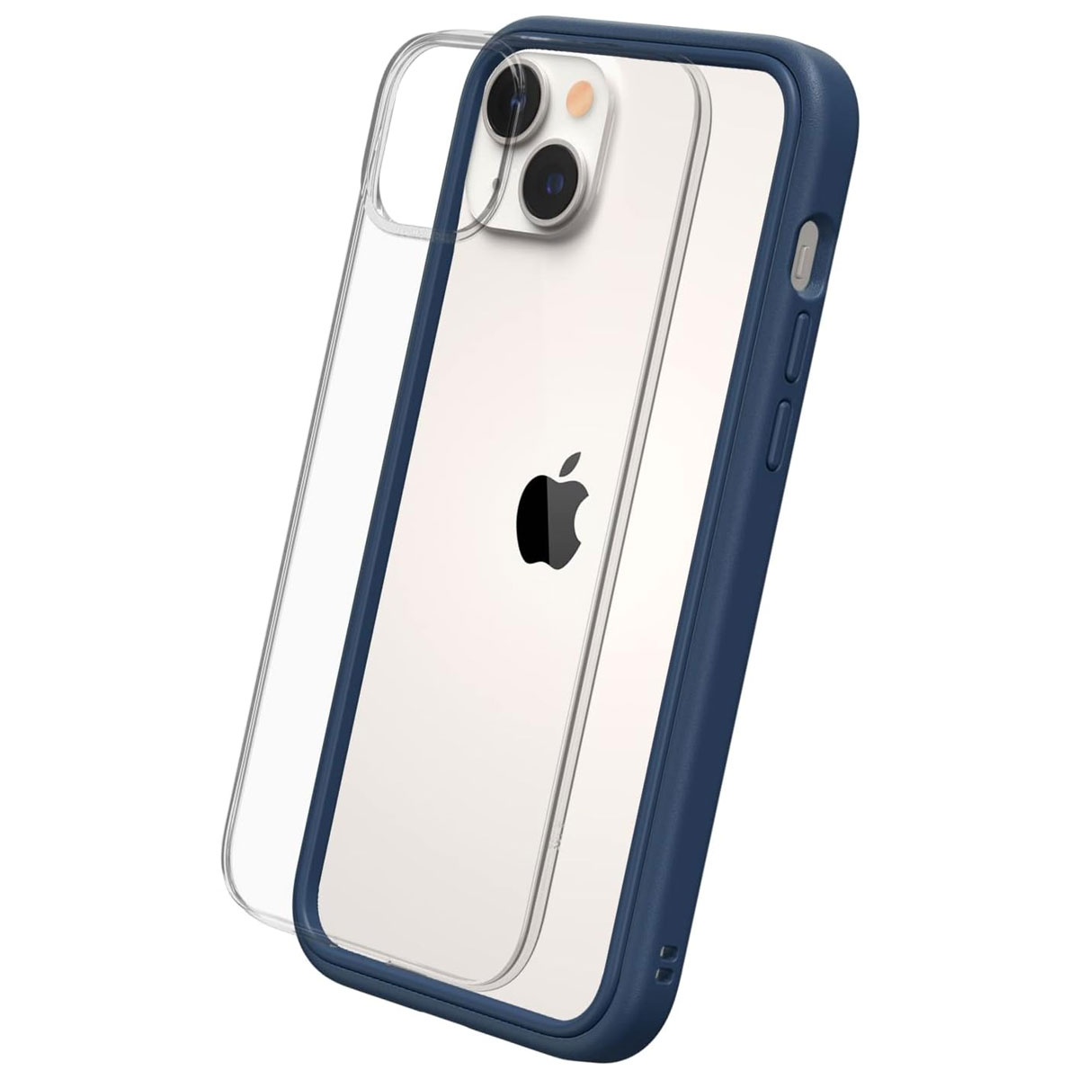 Viene mostrata una custodia trasparente per telefono con un paraurti blu. Un iPhone con il logo Apple nero è all'interno.