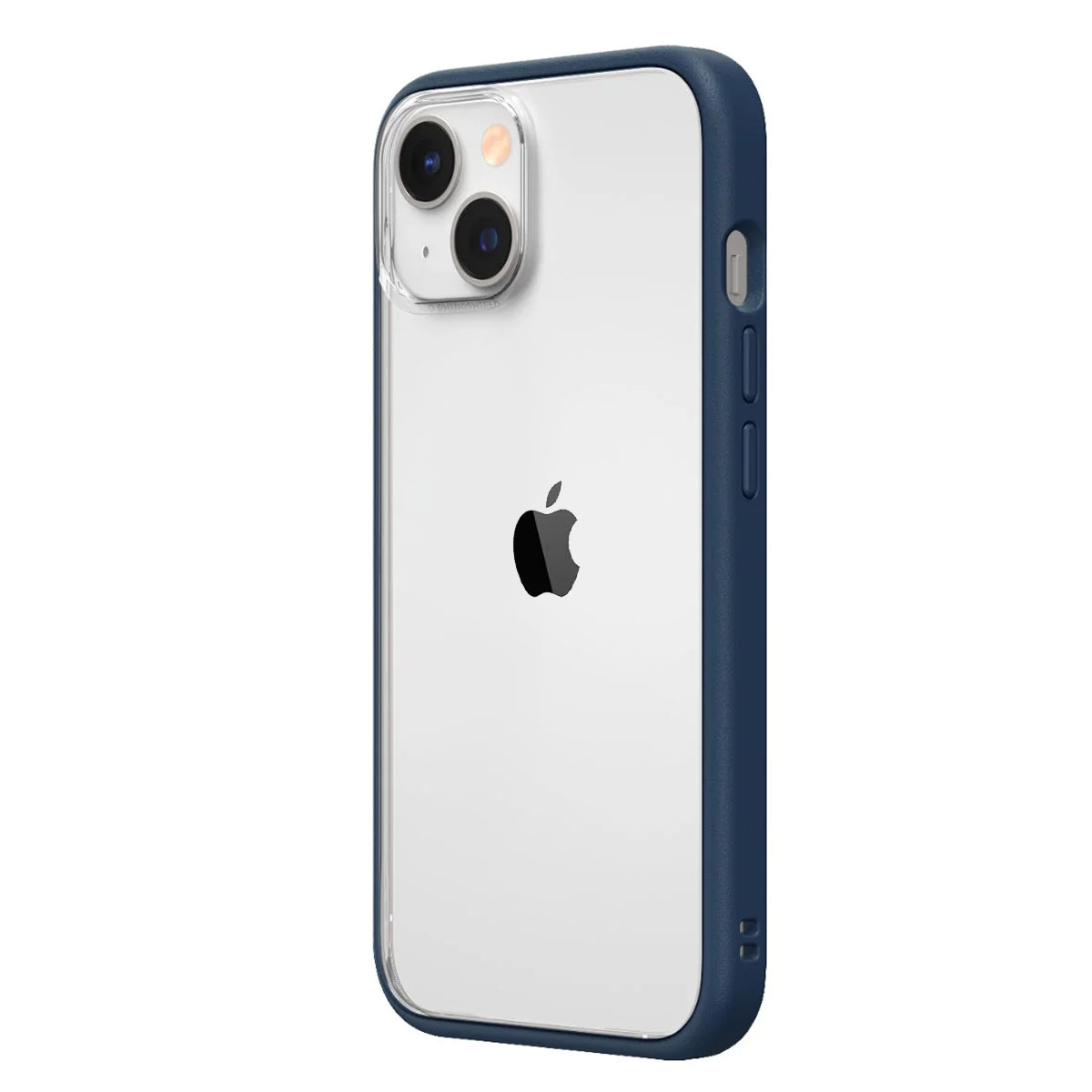 Viene mostrata una custodia trasparente per telefono con un paraurti blu. Un iPhone con il logo Apple nero è all'interno.