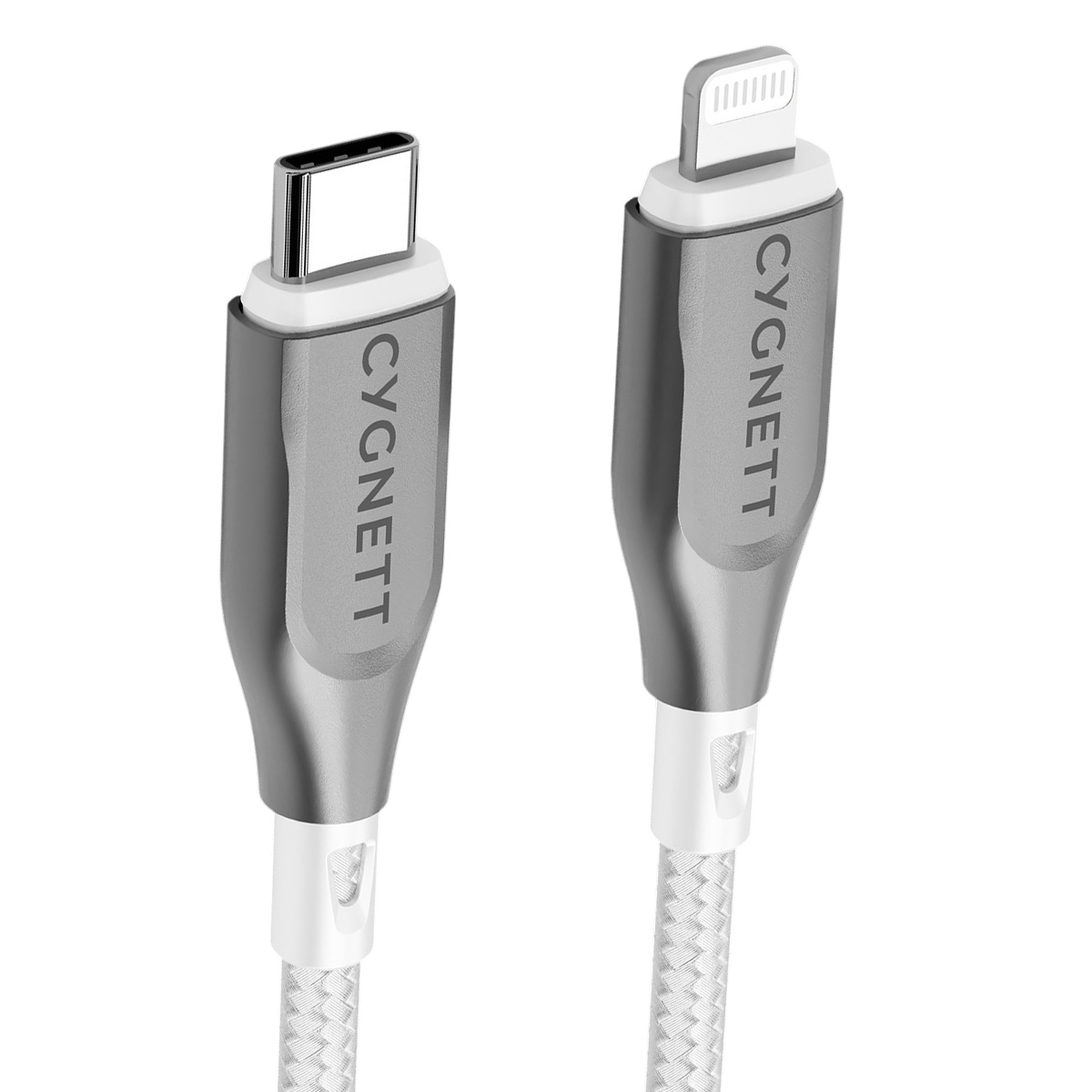 Un cavo USB bianco e argento con due estremità diverse, una con l'etichetta 'CYGNETT'.