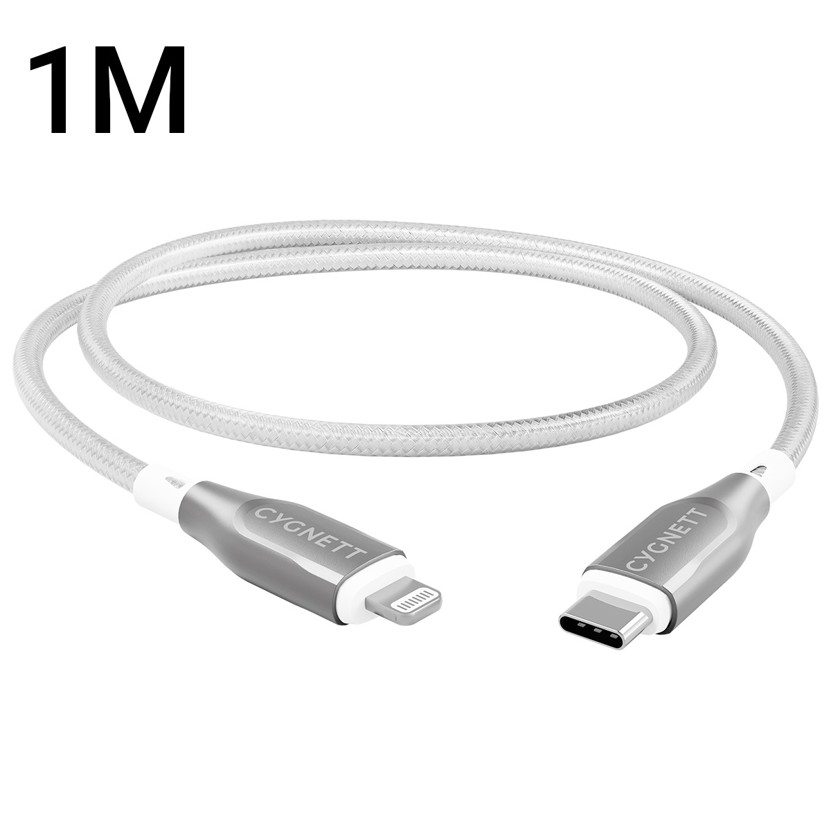 Un cavo USB bianco e argento con due estremità diverse, una con l'etichetta 'CYGNETT'.