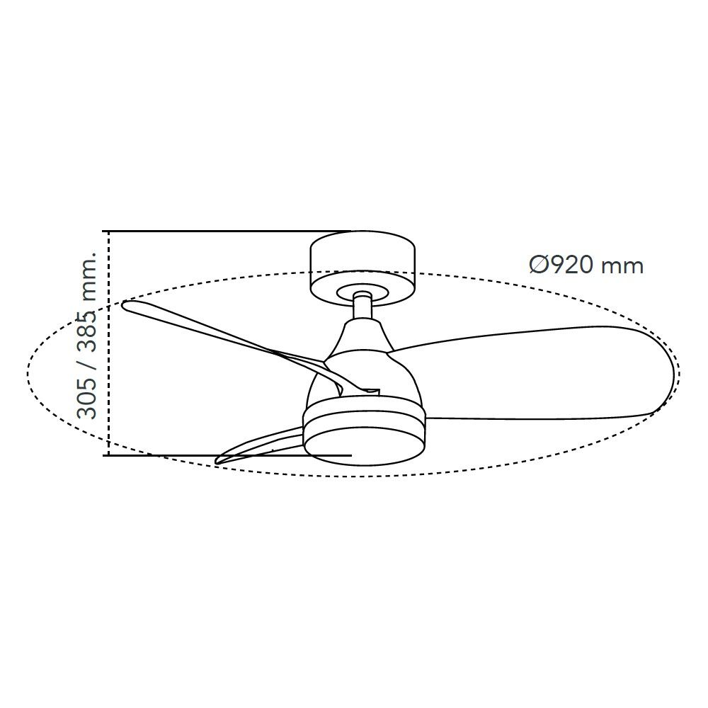 Dibujo lineal de un ventilador de techo. Muestra dimensiones: diámetro 920mm y diámetro 385mm.
