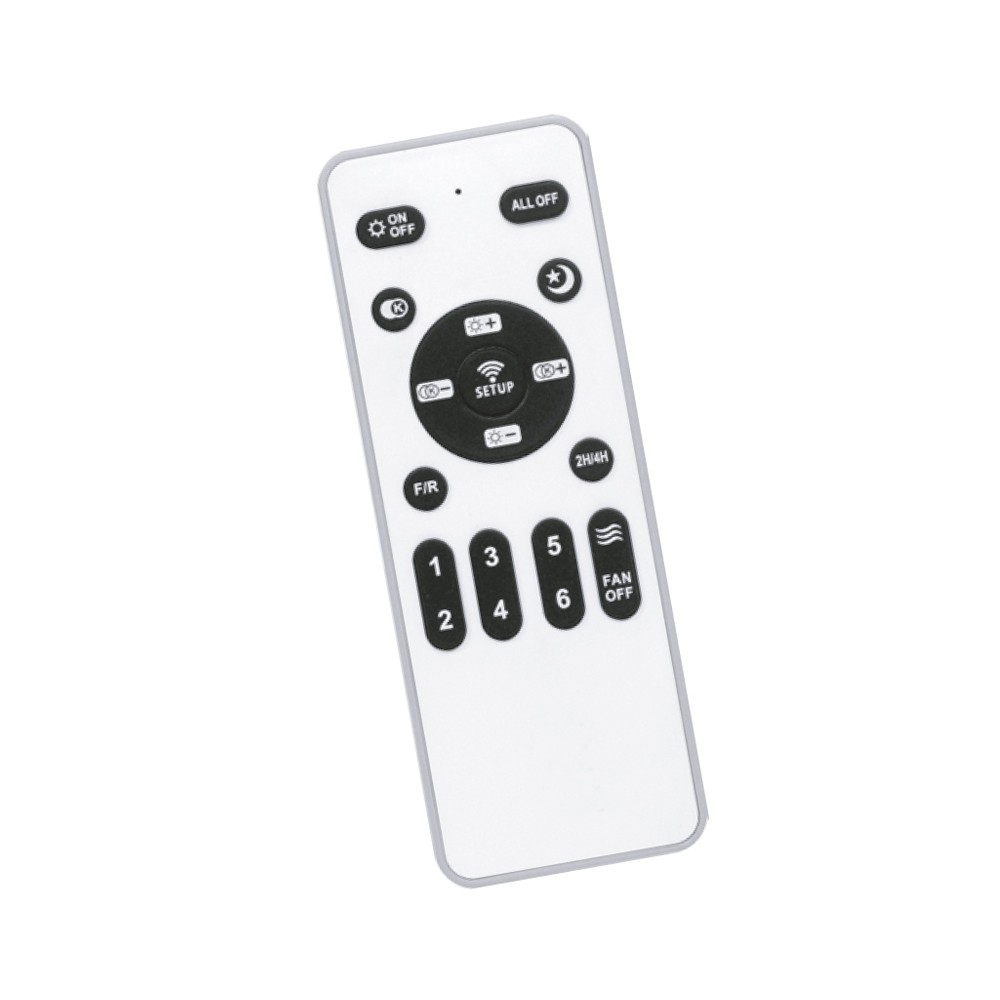Un mando a distancia blanco con múltiples botones etiquetados para diferentes funciones.
