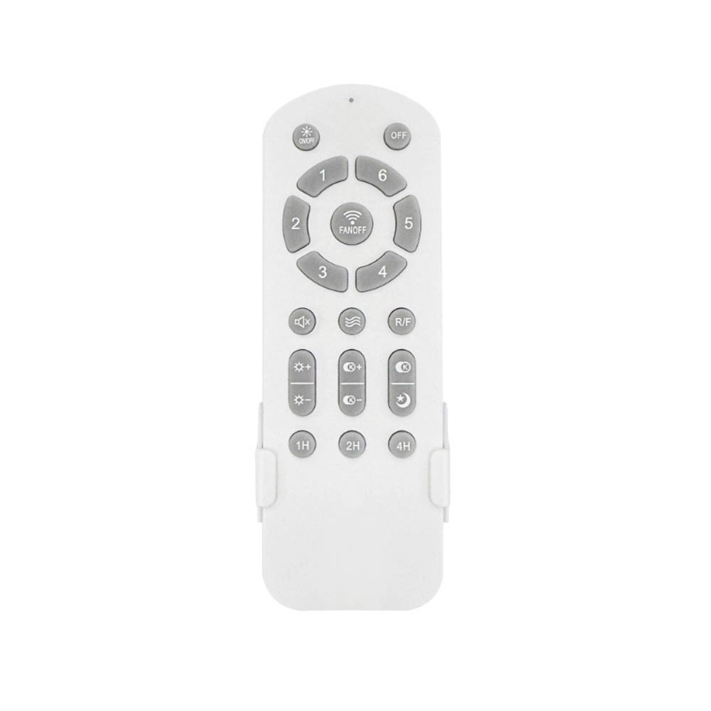 Mando a distancia blanco con botones para encendido/apagado, velocidad del ventilador y otras funciones.