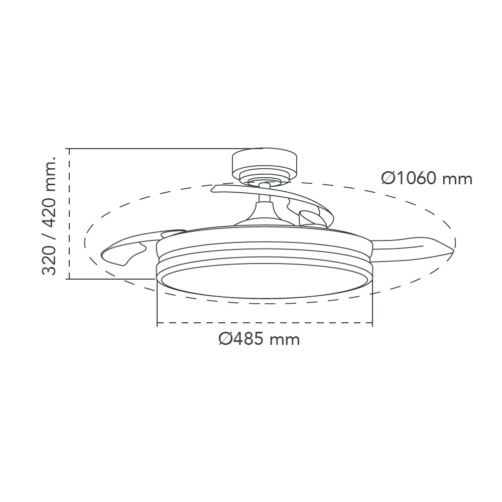 Diagrama del ventilador de techo con dimensiones en mm.