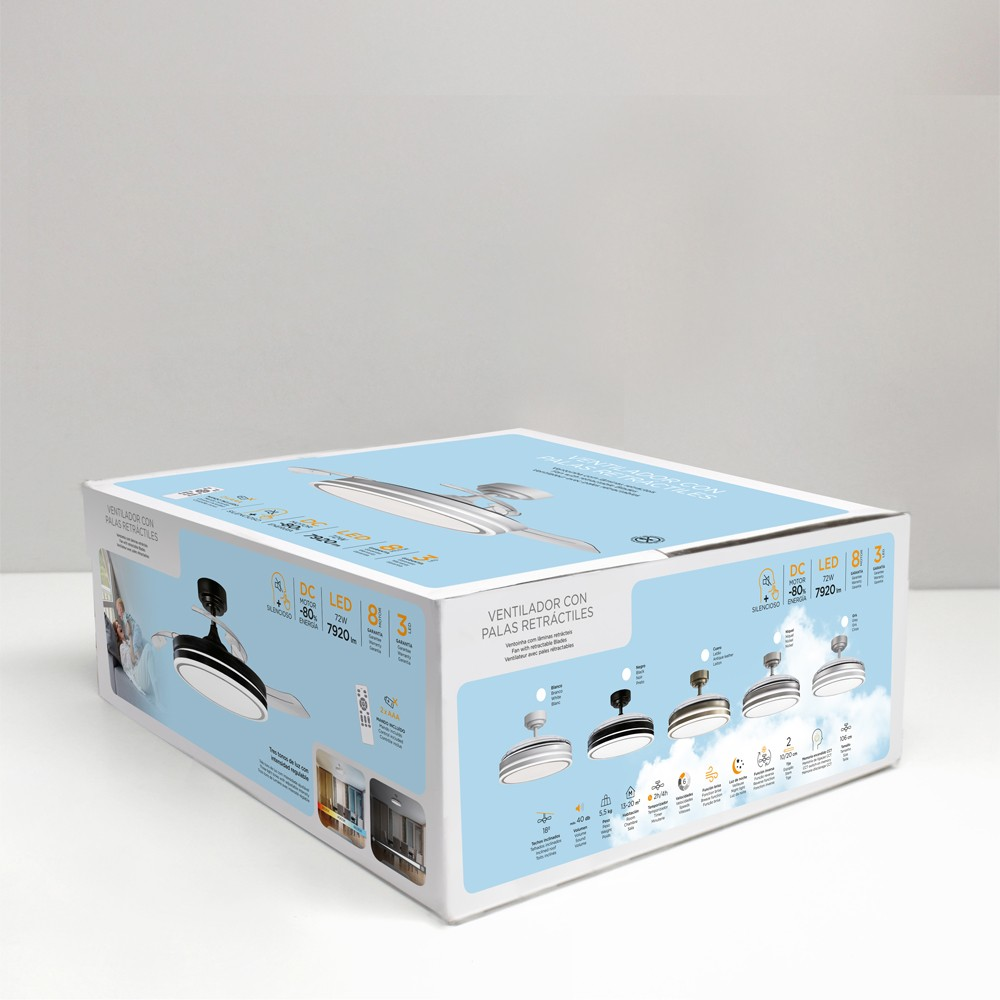 Una caja que muestra un ventilador de techo con aspas retráctiles. Se muestran varios diseños de ventiladores. El fondo es blanco.