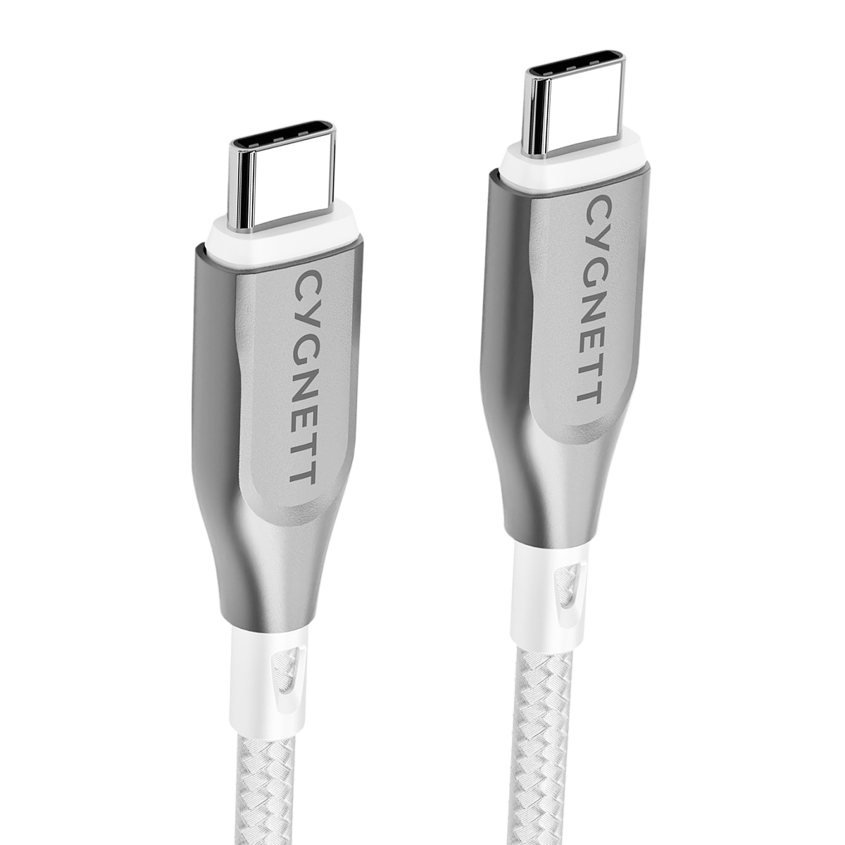 Due cavi USB-C Cygnett argentati, con cavi intrecciati bianchi. I connettori USB-C sono visibili.