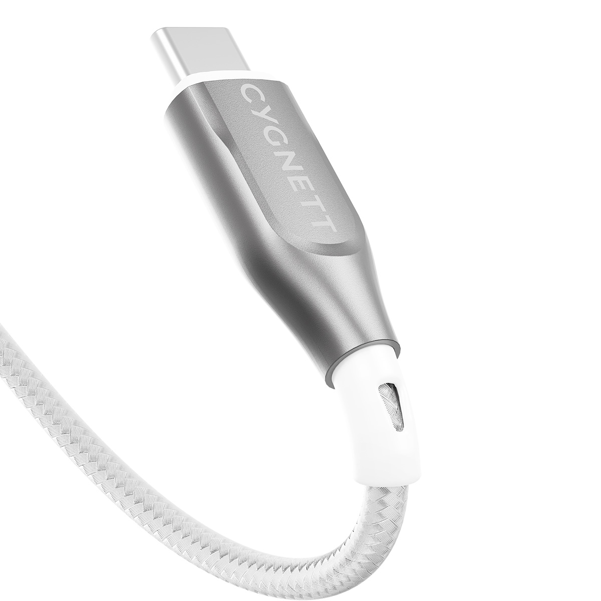 Cavo USB-C argento e bianco. Ha un connettore CYGNETT. Il cavo è bianco e ha una trama intrecciata.