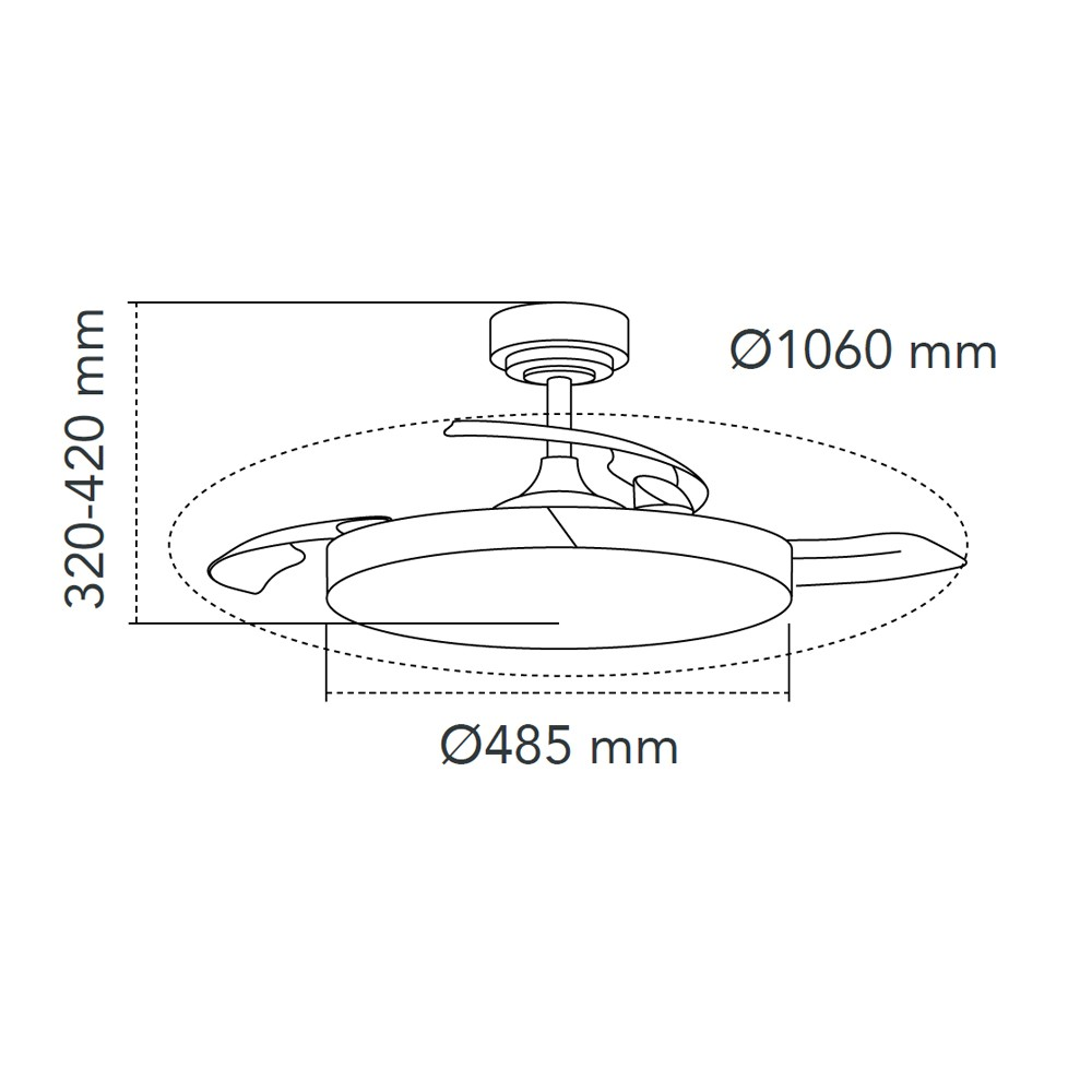 Un diagrama muestra un ventilador de techo desde arriba con dimensiones: altura 320-420mm, diámetro 485mm y diámetro 1060mm.