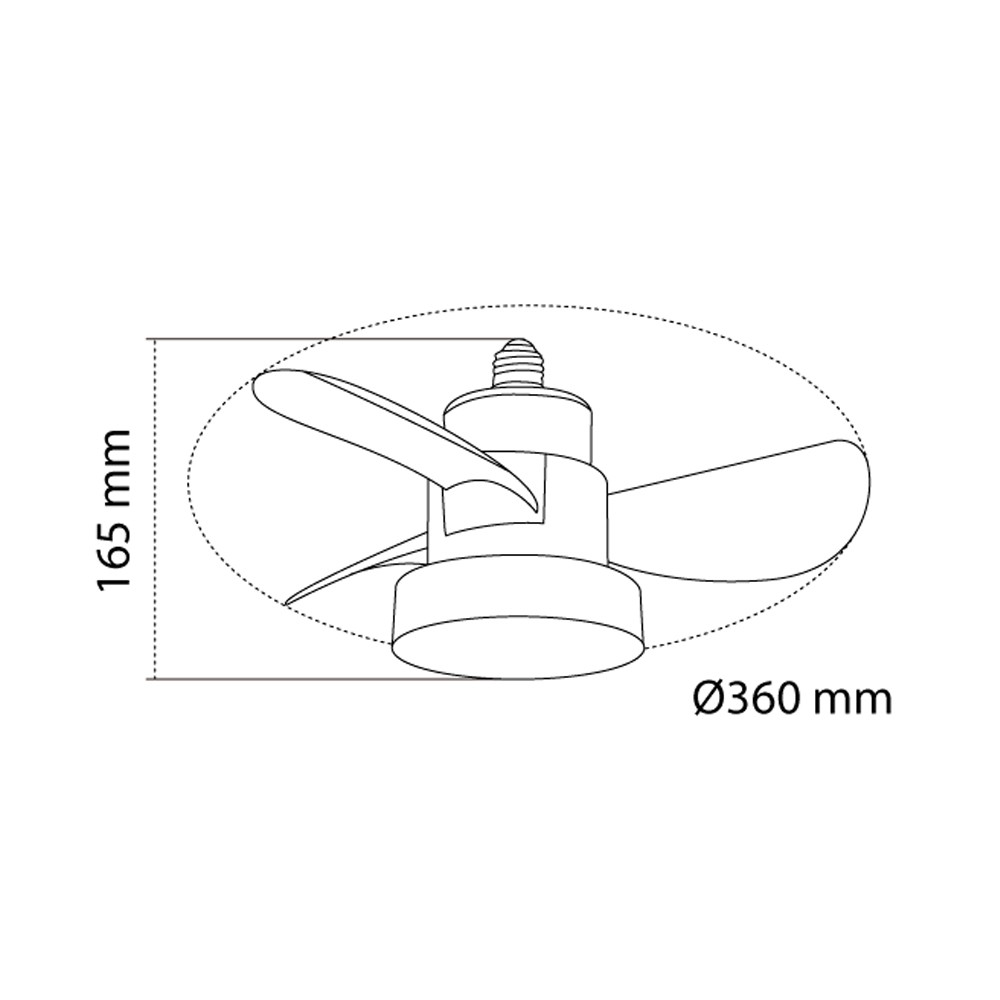 Un diagrama muestra un ventilador de techo con dimensiones: 165 mm de altura y 360 mm de diámetro.