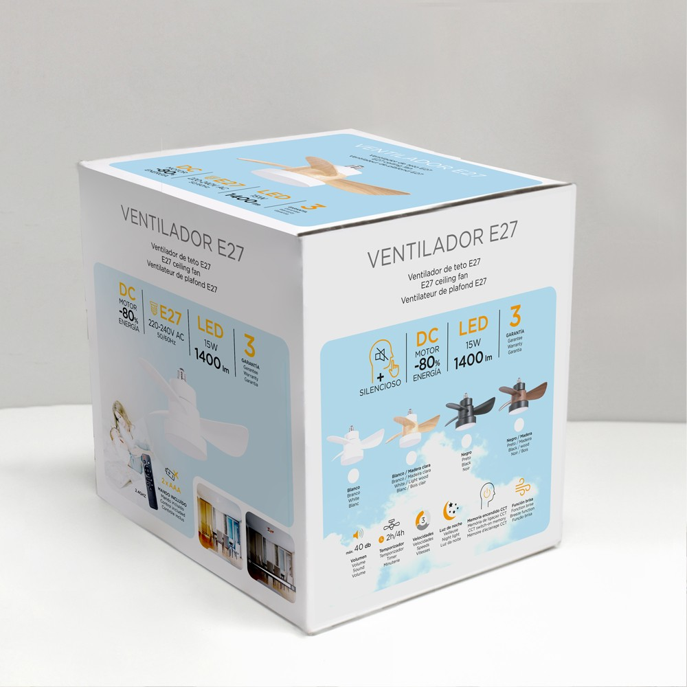 Una caja de producto muestra un ventilador de techo con especificaciones, incluyendo tamaño, eficiencia energética y tipo de ventilador.