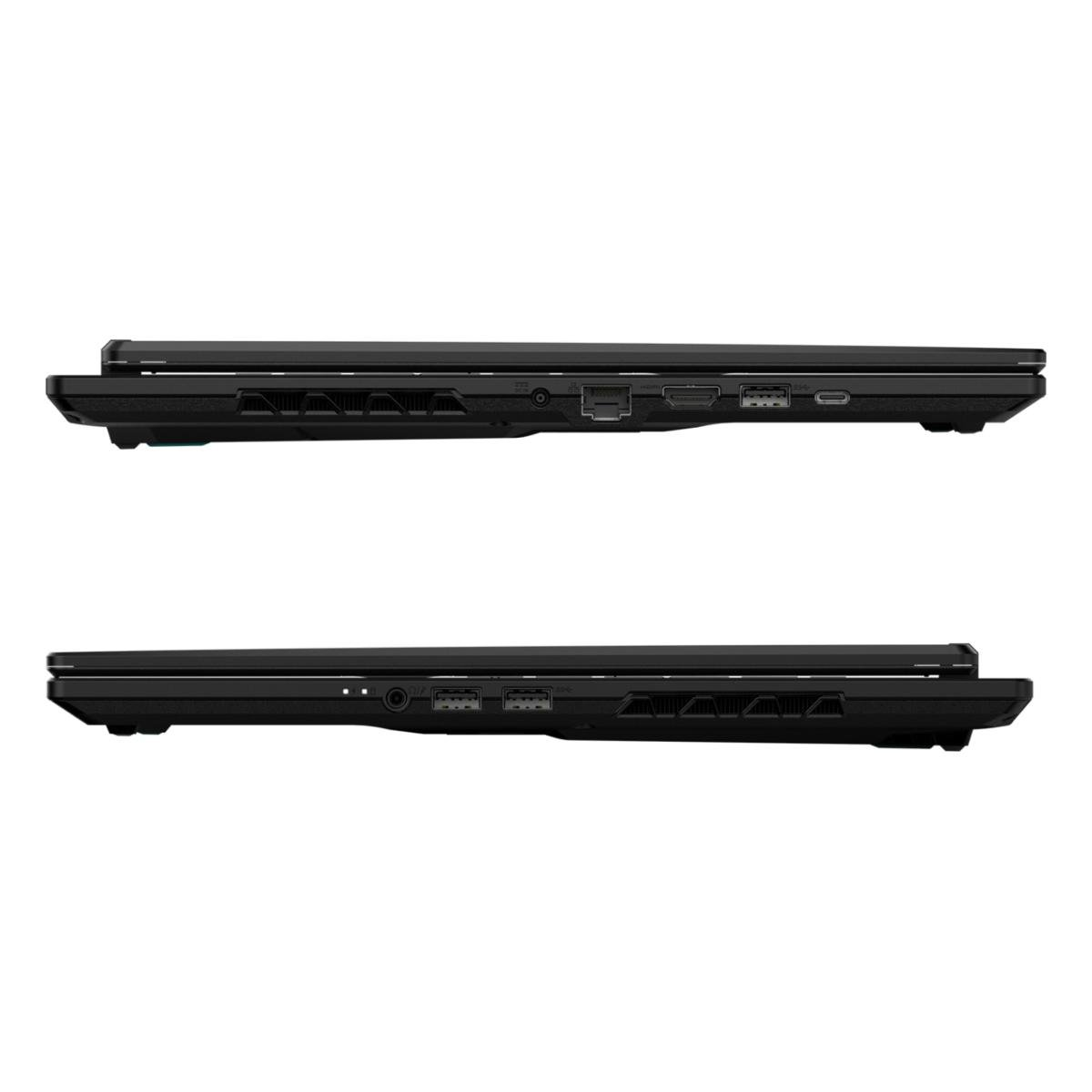 Zwei Seitenansichten eines schwarzen Laptops mit Anschlüssen und Lüftungsöffnungen.