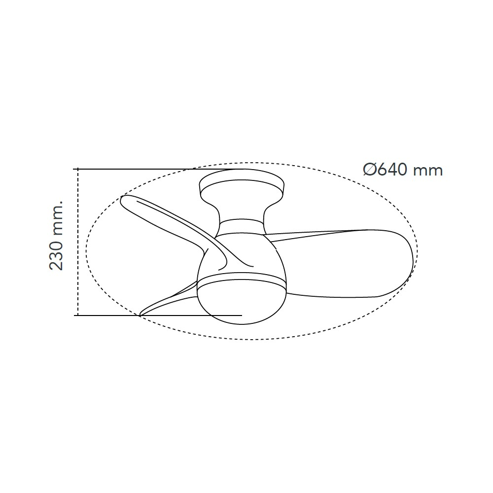 Ilustración de un ventilador de techo con medidas. El ventilador tiene tres aspas y una luz.
