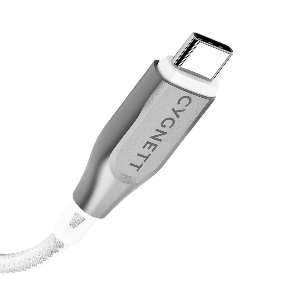 Un cavo USB-C con design argento e bianco, il marchio CYGNETT è visibile.